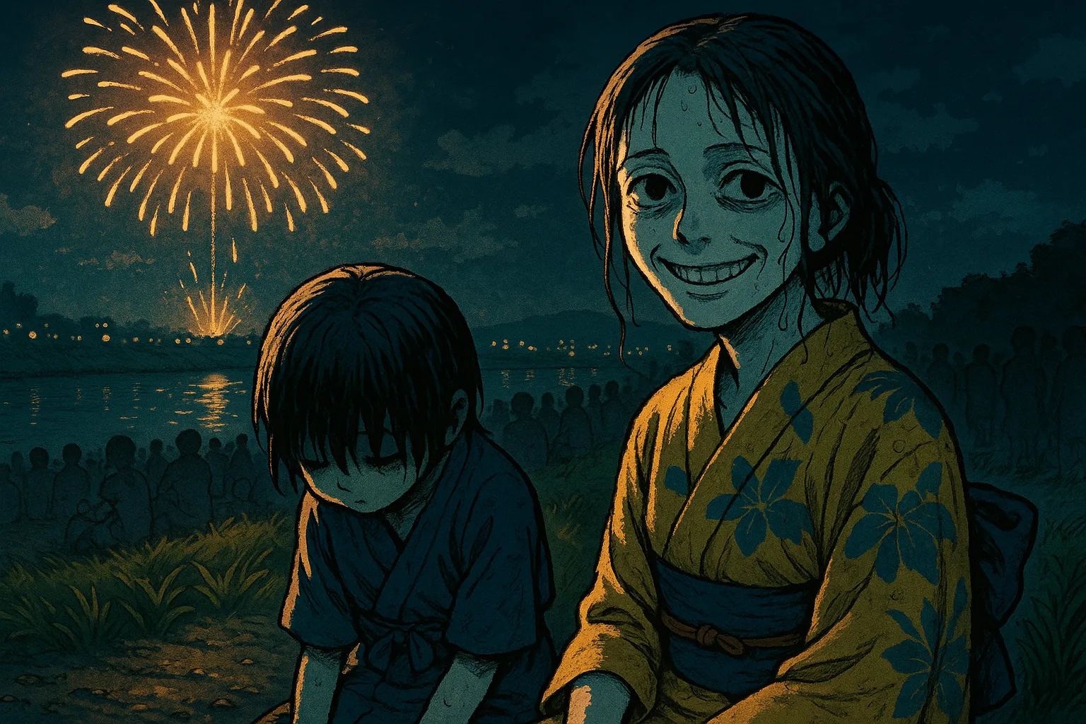 Japanese Ghost Story illustration "title: The Mother and Child at the Fireworks"