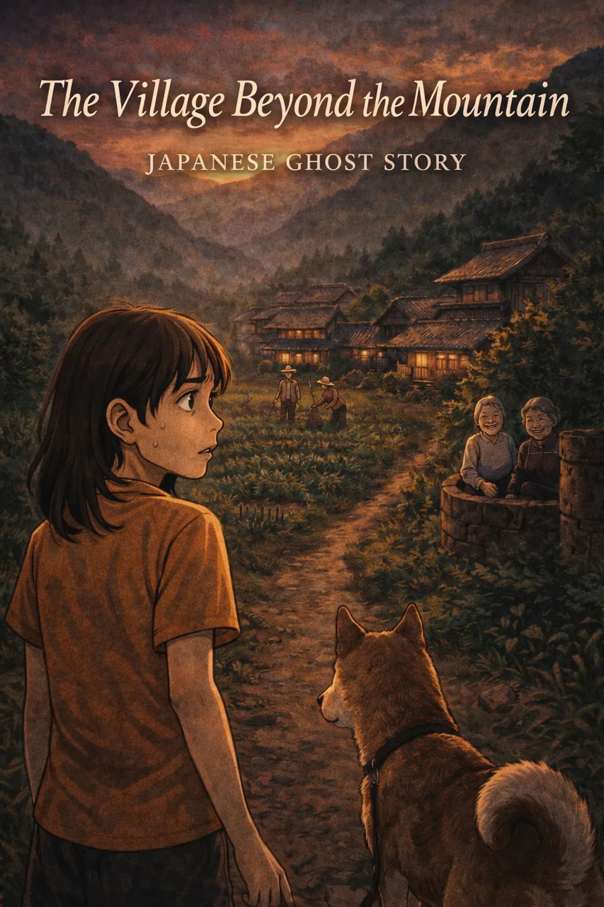 Japanese Ghost Story illustration "title: The Village Beyond the Mountain"