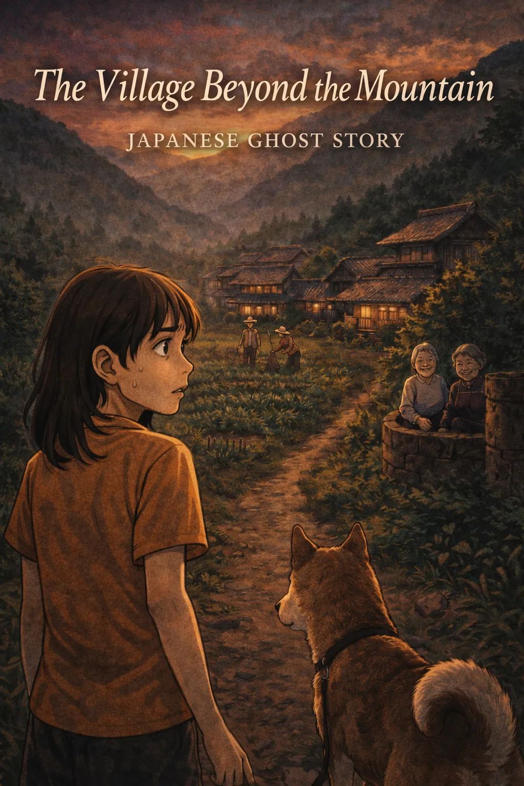 Japanese Ghost Story illustration "title: The Village Beyond the Mountain"