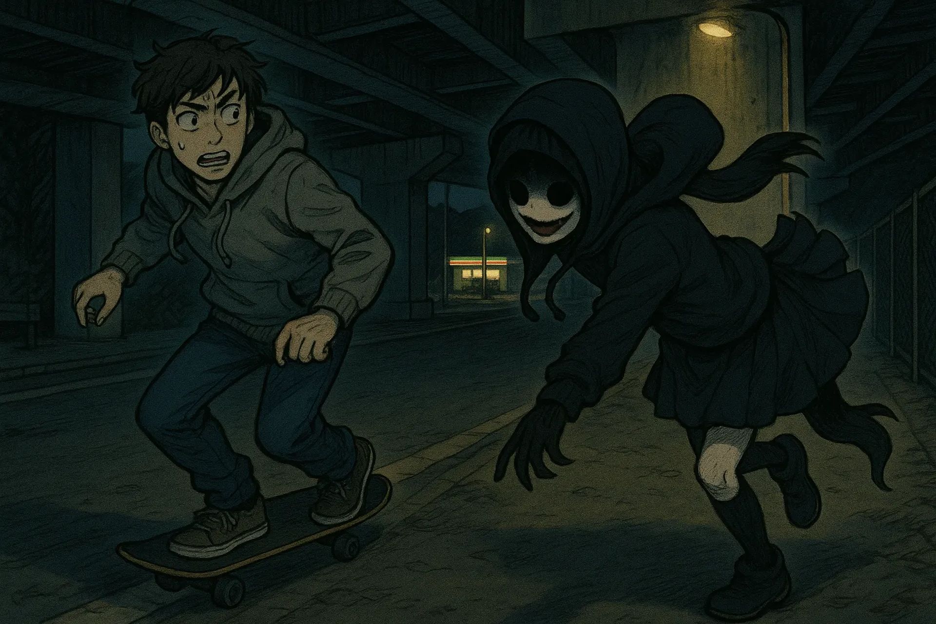 Japanese Ghost Story illustration "title: The Girl Under the Overpass"