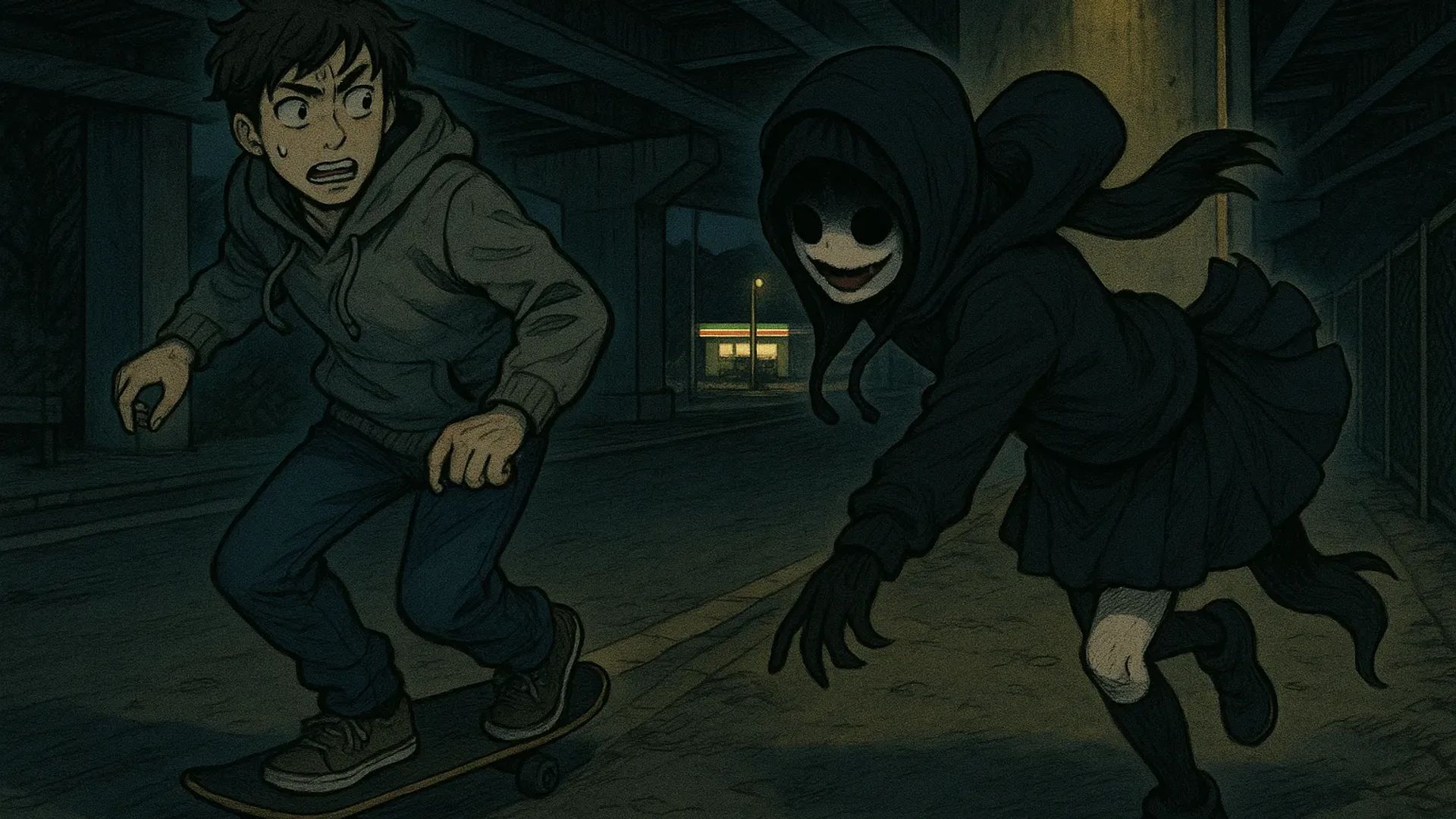 Japanese Ghost Story illustration "title: The Girl Under the Overpass"