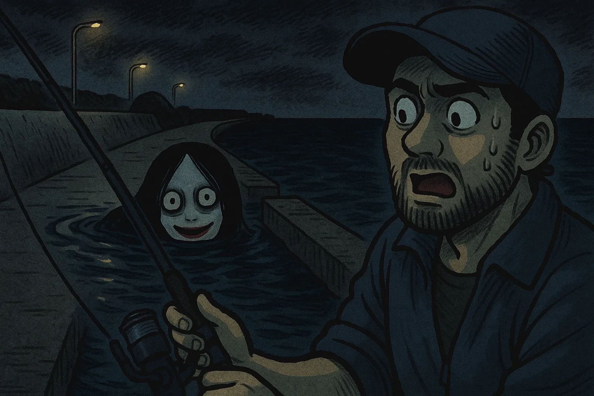 Japanese Ghost Story illustration "title: The Seaside Breakwater"