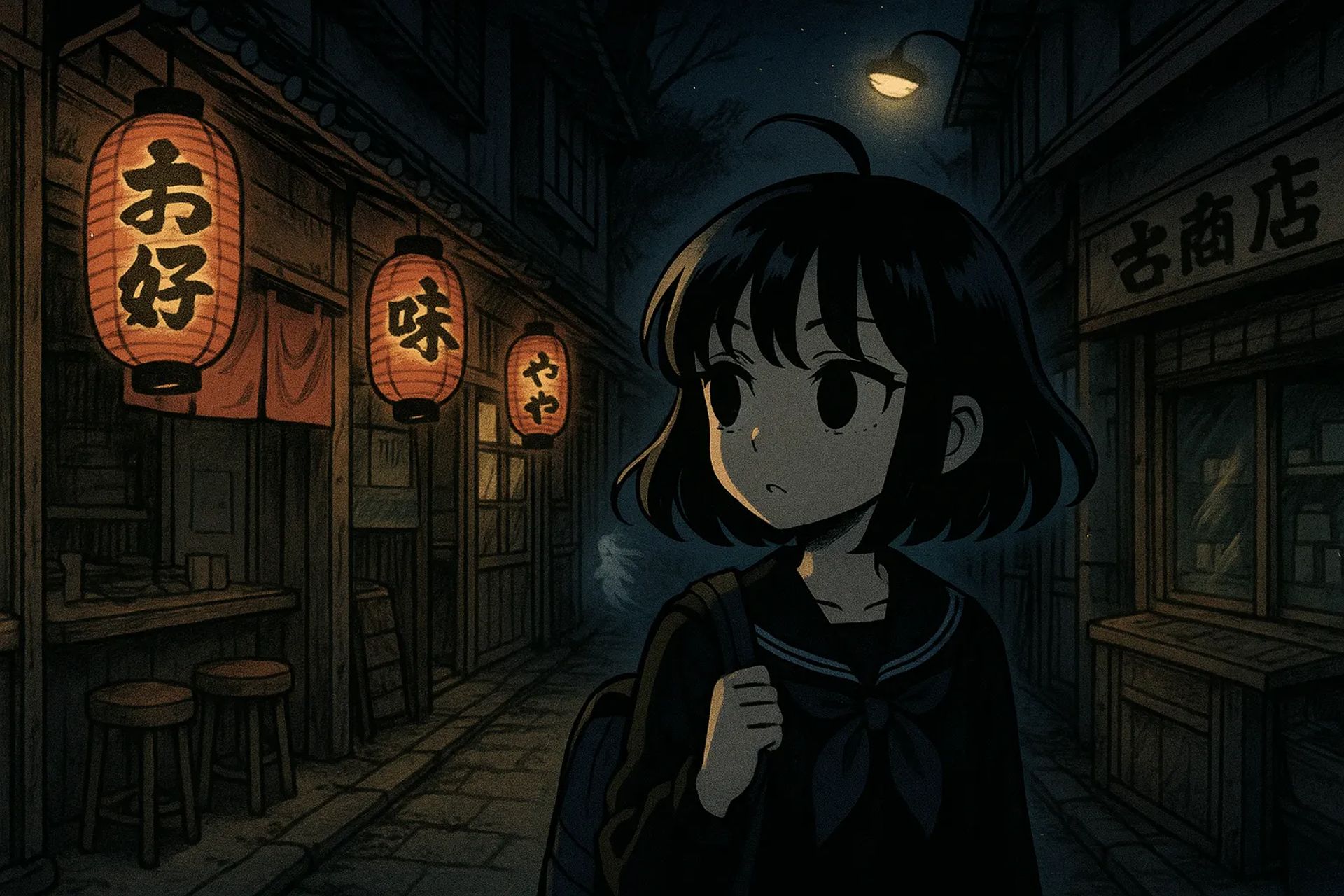 Japanese Ghost Story illustration "title: Back Alley of the Showa Era"
