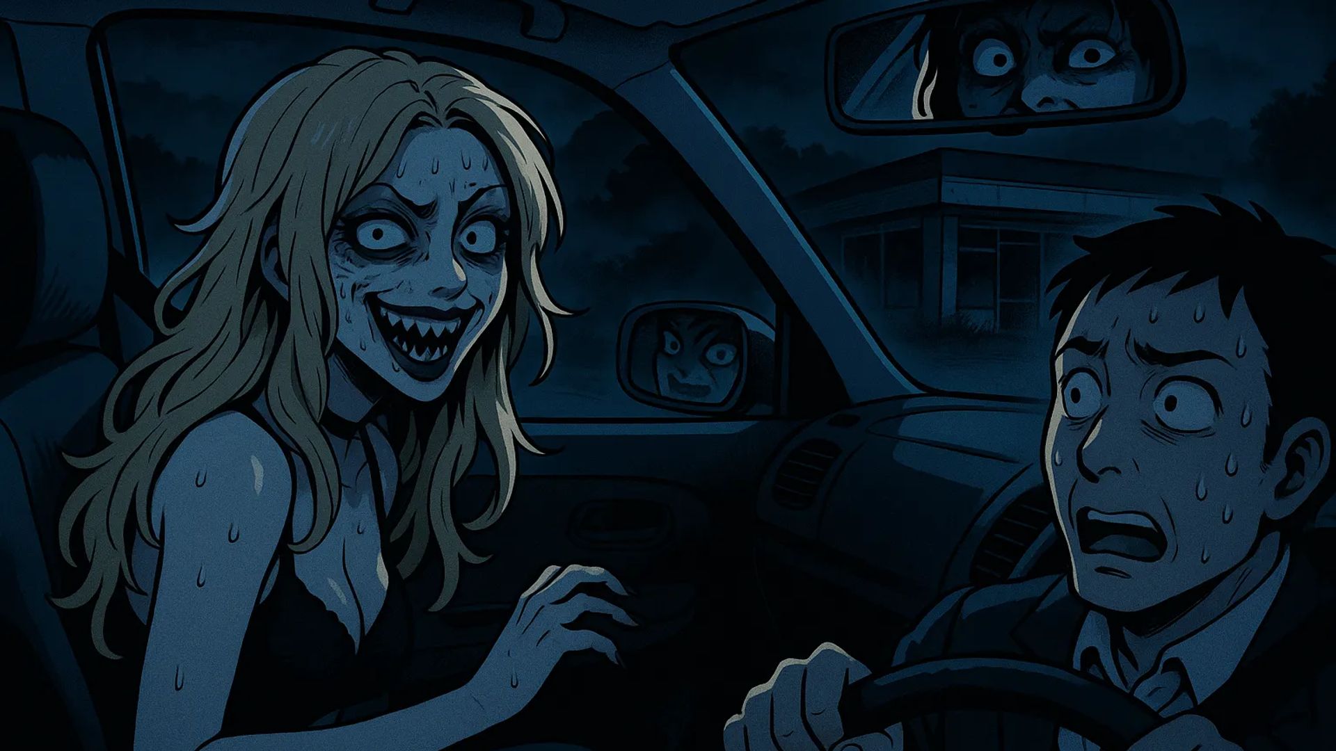 Japanese Ghost Story illustration "title: The Midnight Hitchhiker"