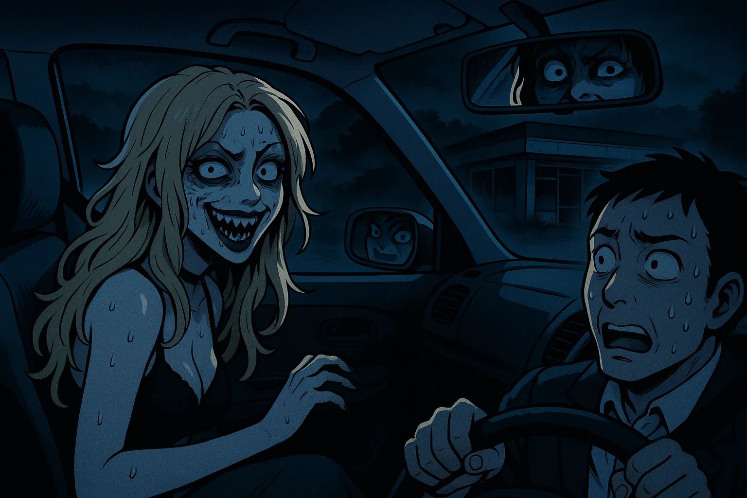 Japanese Ghost Story illustration "title: The Midnight Hitchhiker"