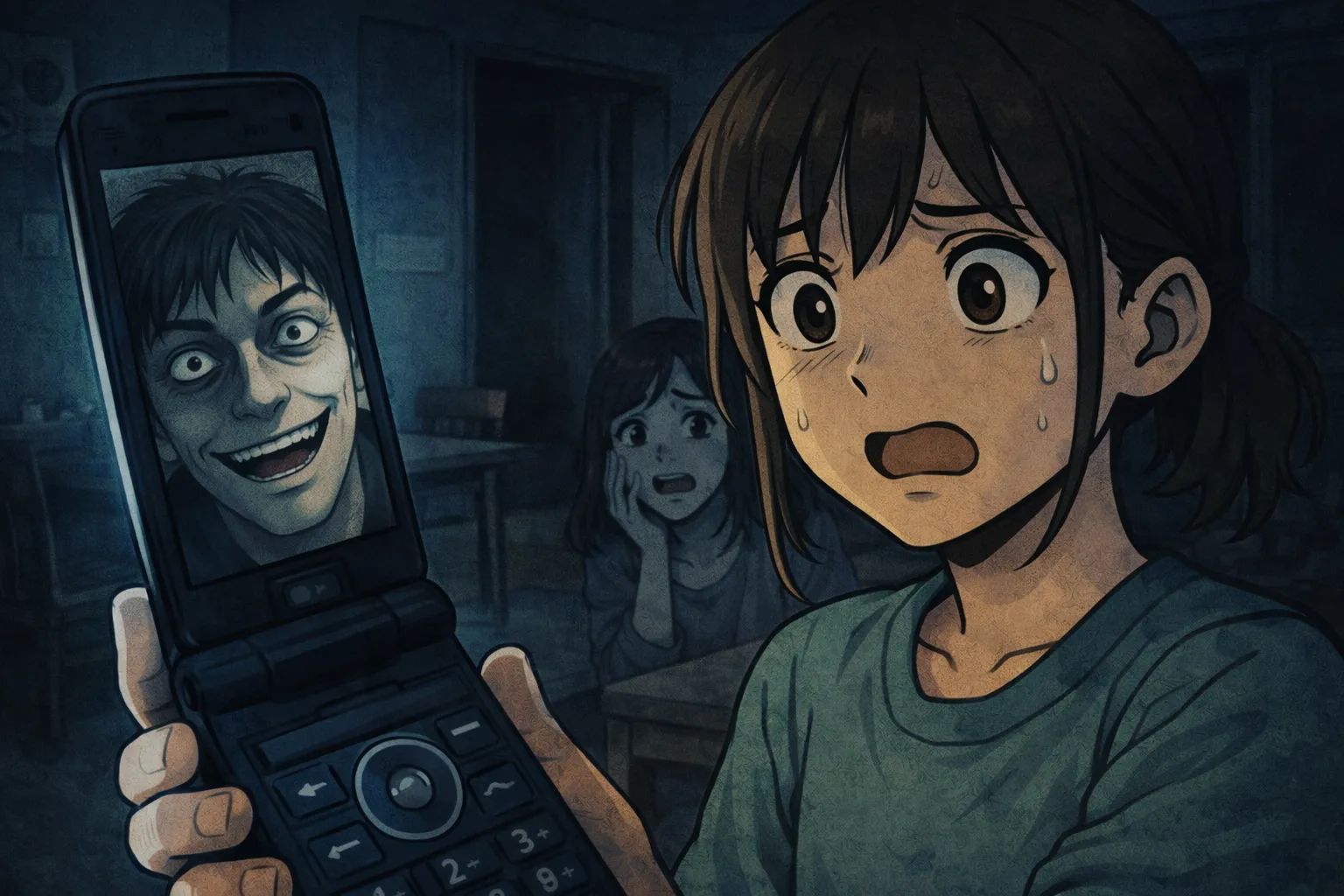 Japanese Ghost Story illustration "title: The Man in the Flip Phone"