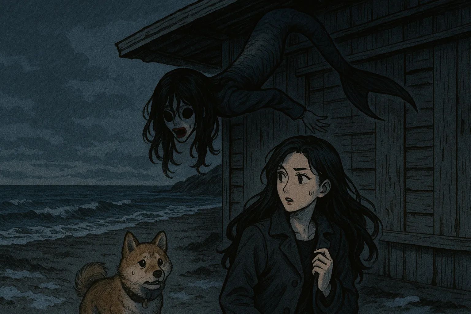 Japanese Ghost Story illustration "title: The Beach House in Winter"