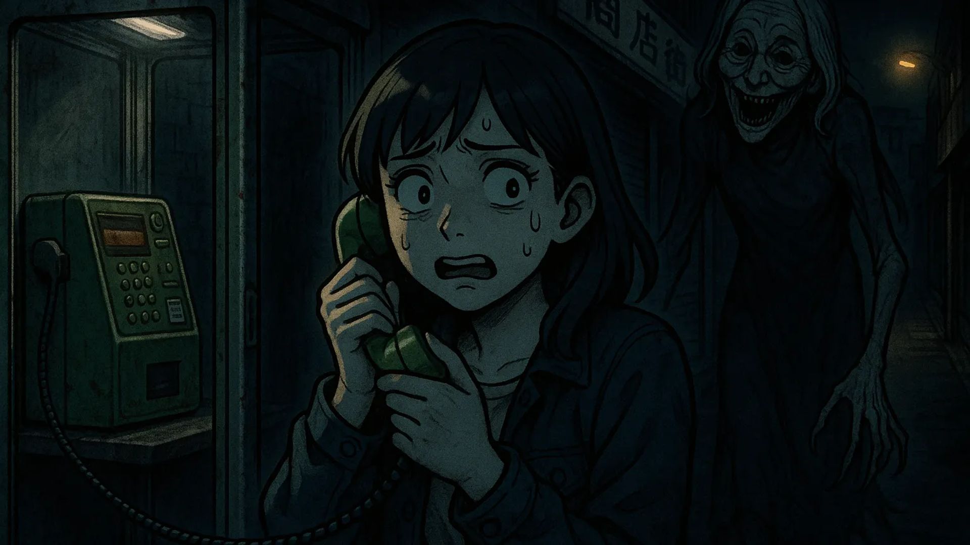 Japanese Ghost Story illustration "title: The Payphone in the Shopping Arcade"