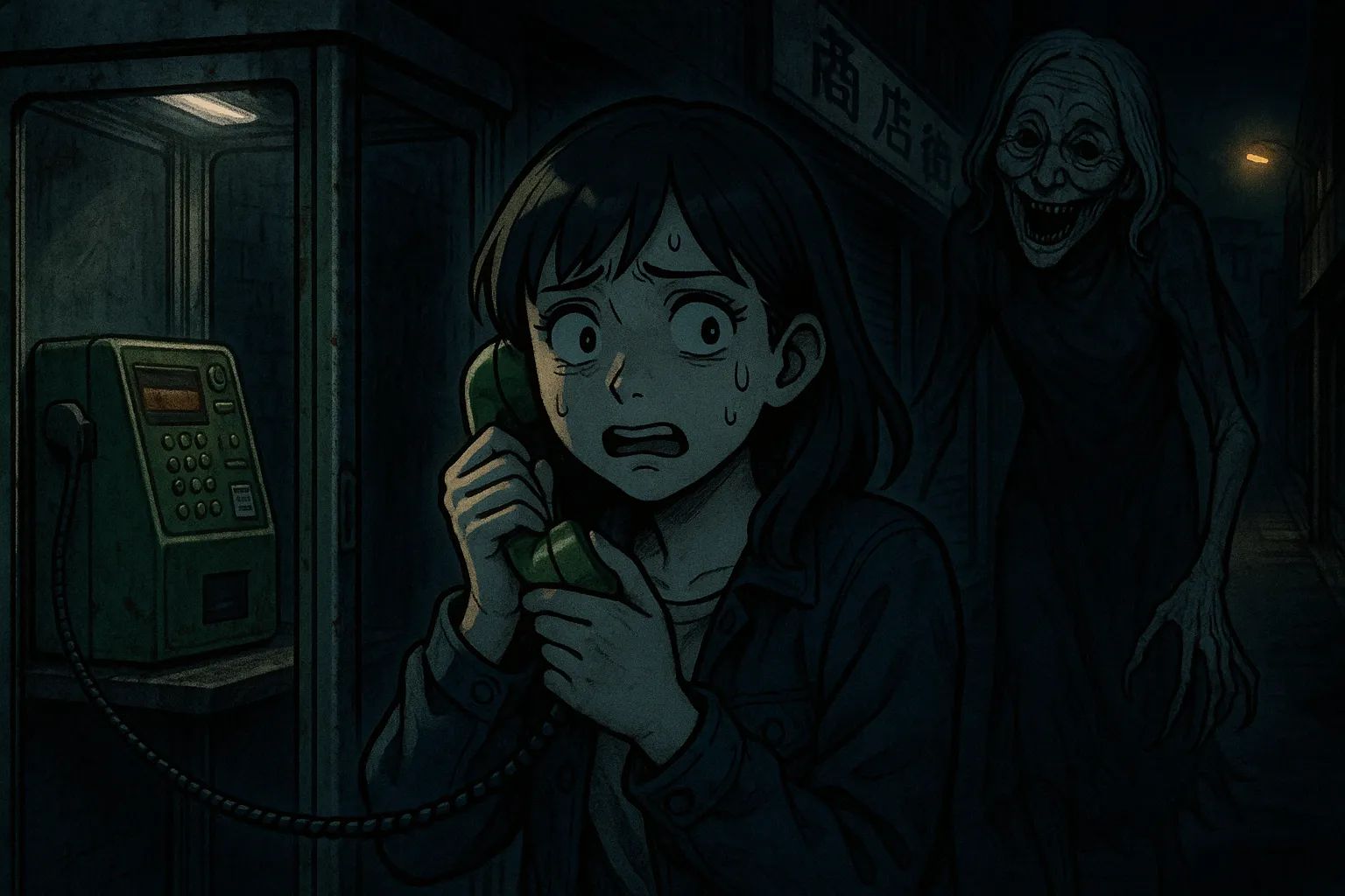 Japanese Ghost Story illustration "title: The Payphone in the Shopping Arcade"
