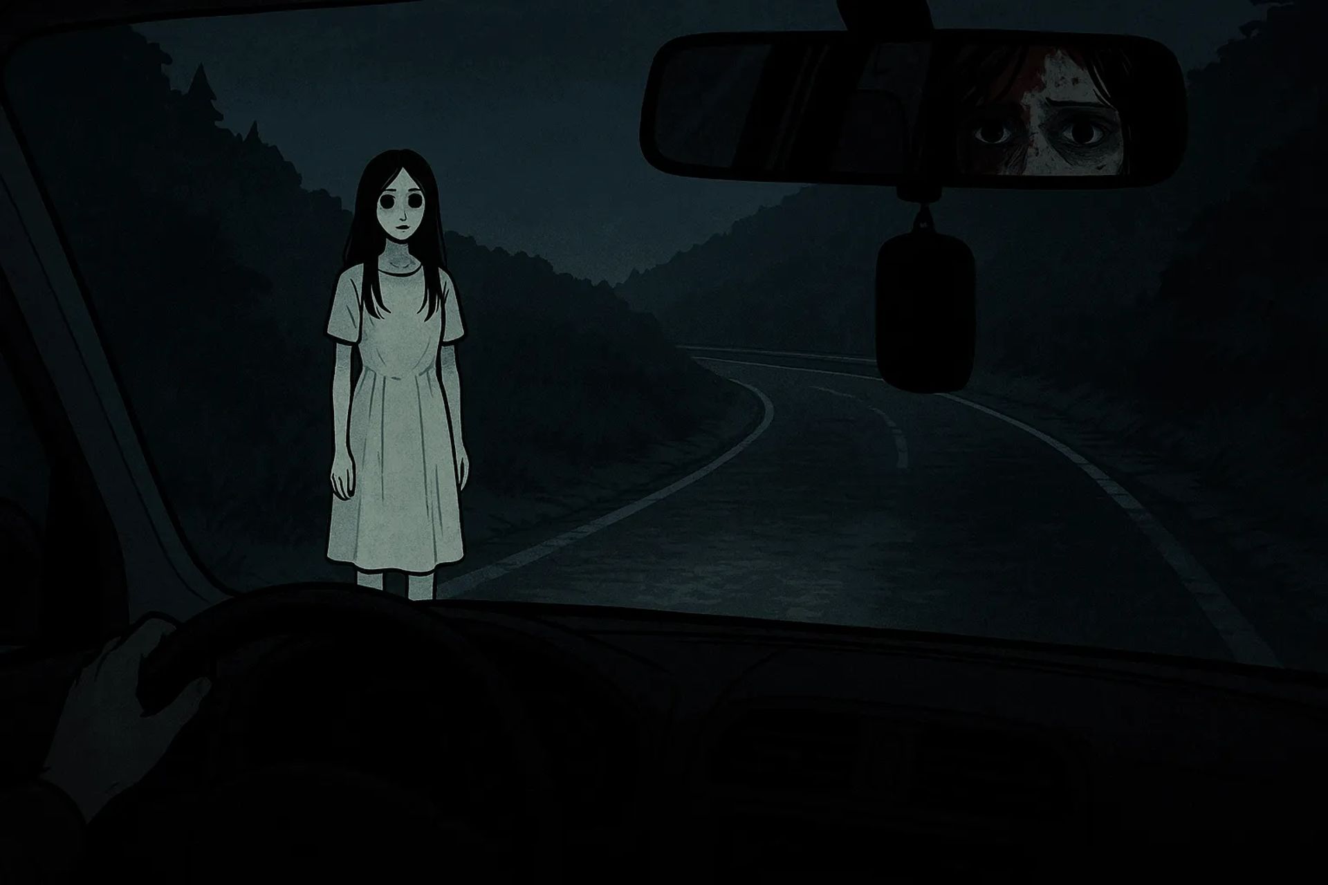 Japanese Ghost Story illustration "title: The Girl on the Mountain Road"
