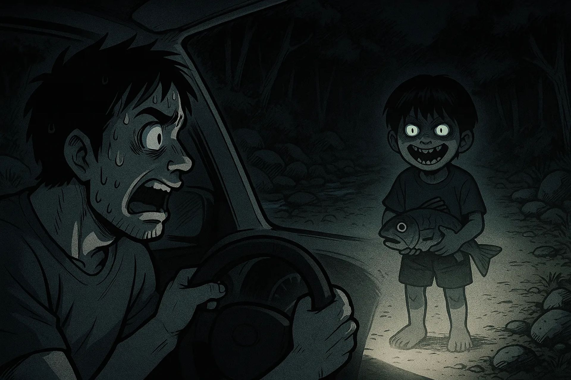 Japanese Ghost Story illustration "title: The Child of the Mountain Stream"