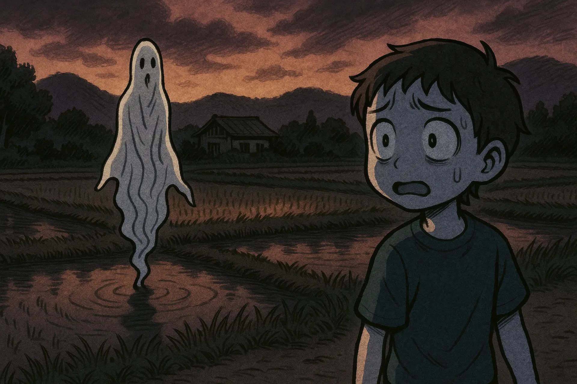 Japanese Ghost Story illustration "title: The Thing I Saw in the Showa-Era Rice Paddies"