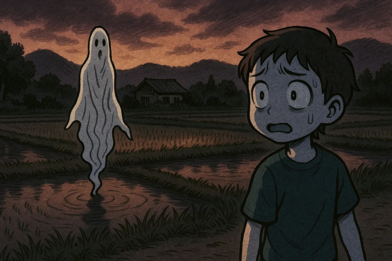 Japanese Ghost Story illustration "title: The Thing I Saw in the Showa-Era Rice Paddies"