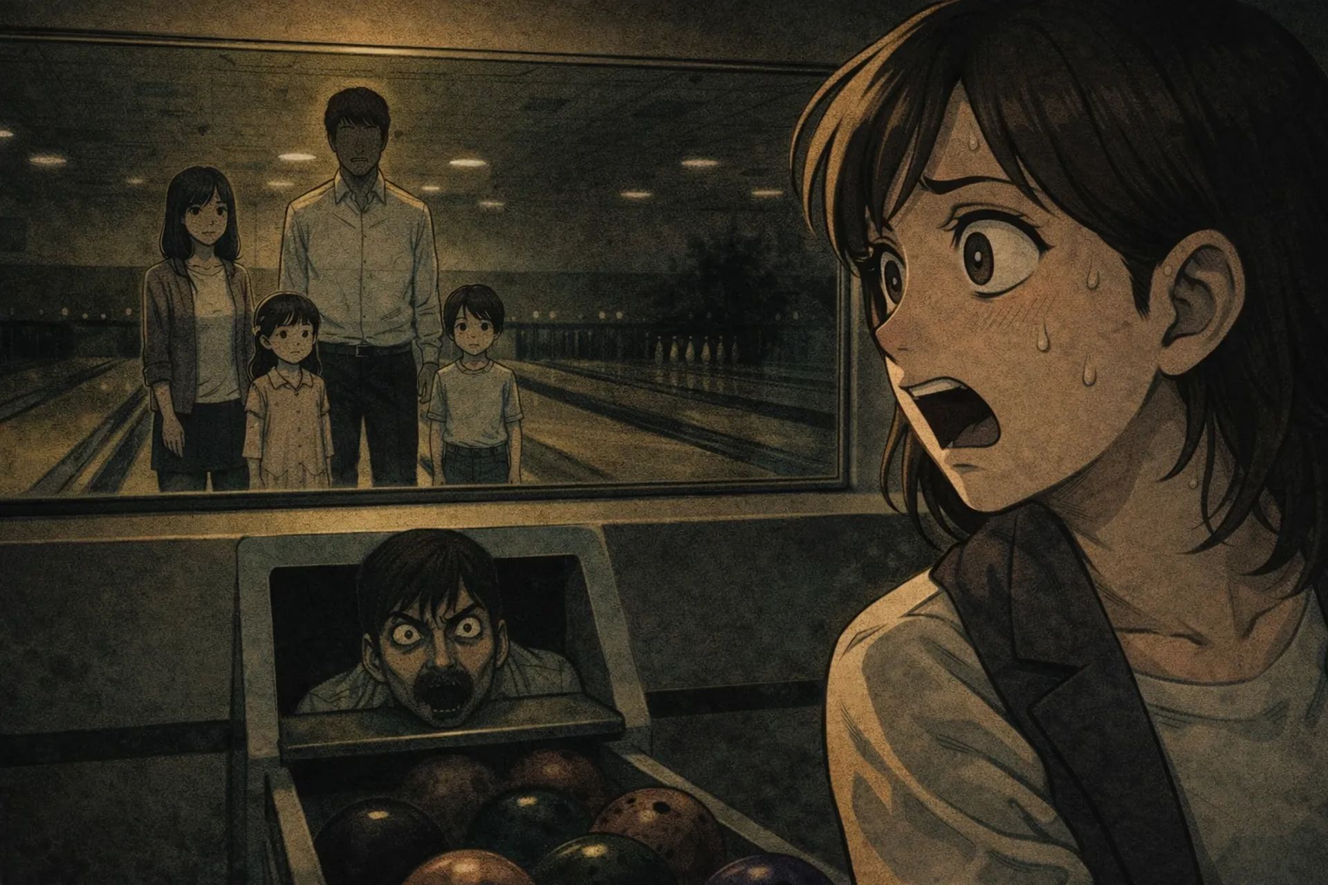 Japanese Ghost Story illustration "title: The Mirror at the Bowling Alley"