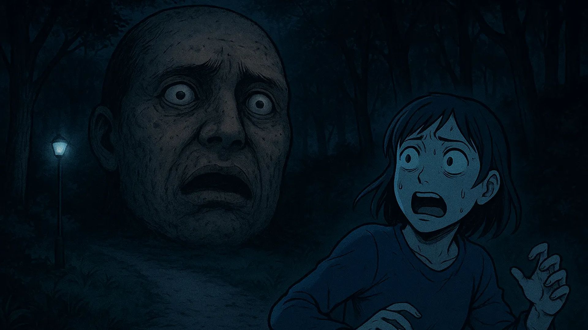 Japanese Ghost Story illustration "title: The Face in the Woods"