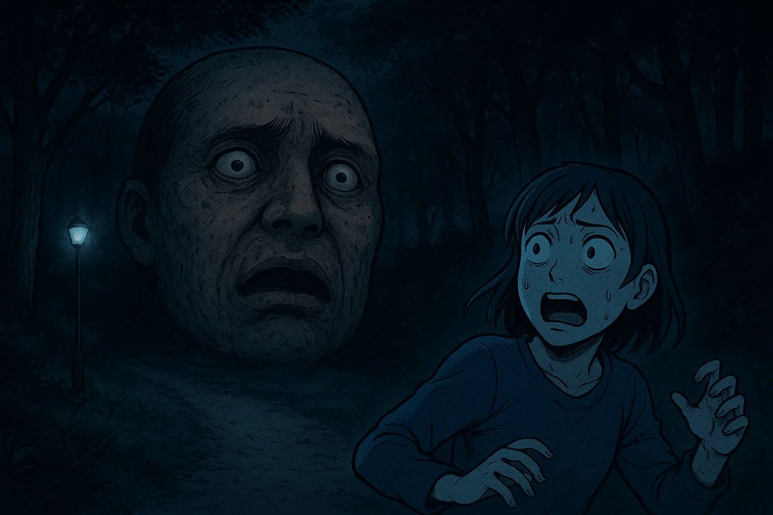 Japanese Ghost Story illustration "title: The Face in the Woods"