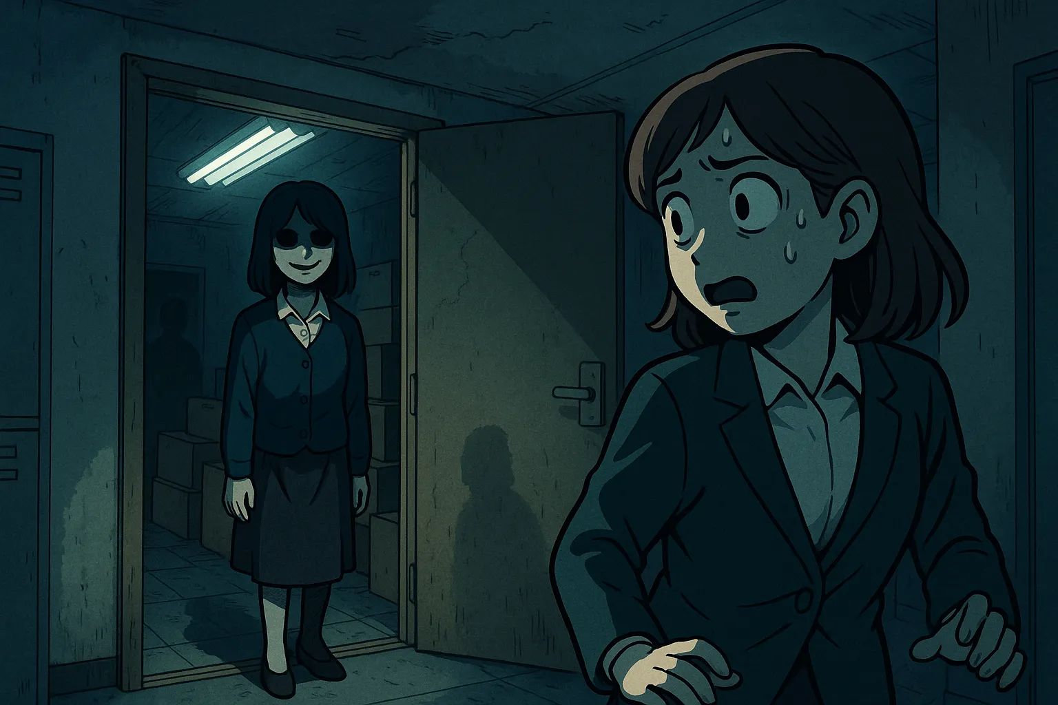 Japanese Ghost Story illustration "title: The Woman in the Storage Room"