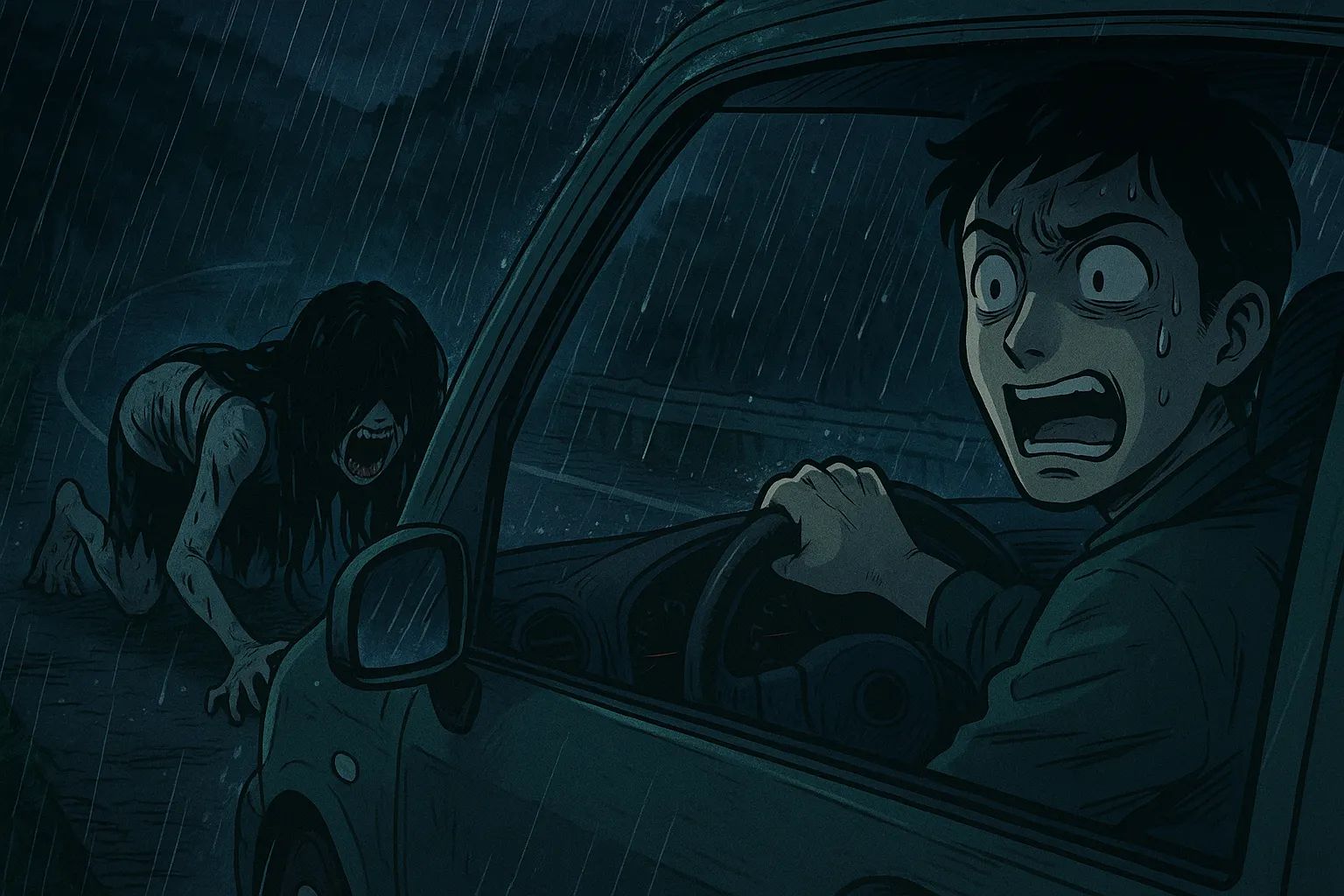 Japanese Ghost Story illustration "title: The Drive You Can't Escape"