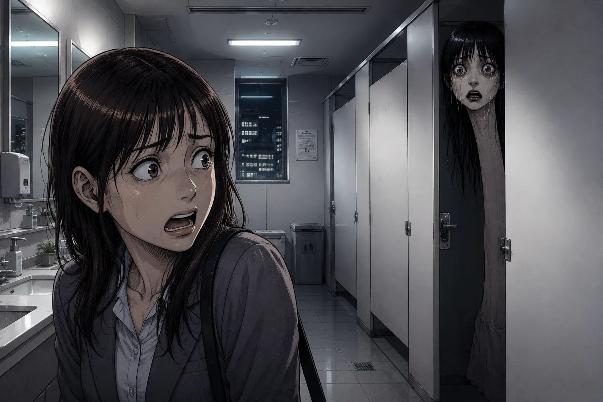 Japanese Ghost Story illustration "title: Yamagishi-san in the Restroom"