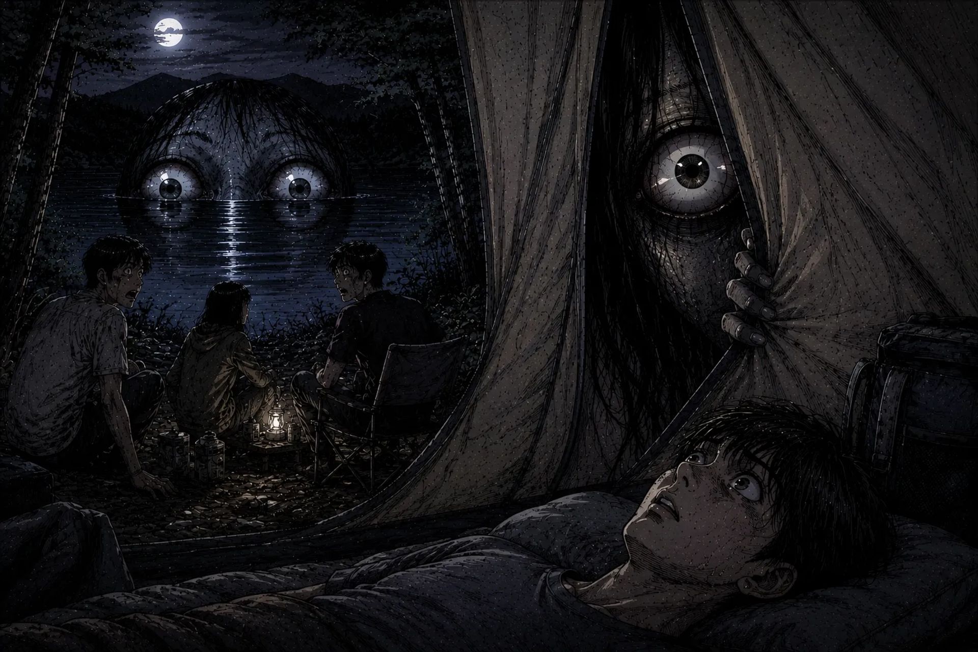 Japanese Ghost Story illustration "title: The Eyes in the Lake"