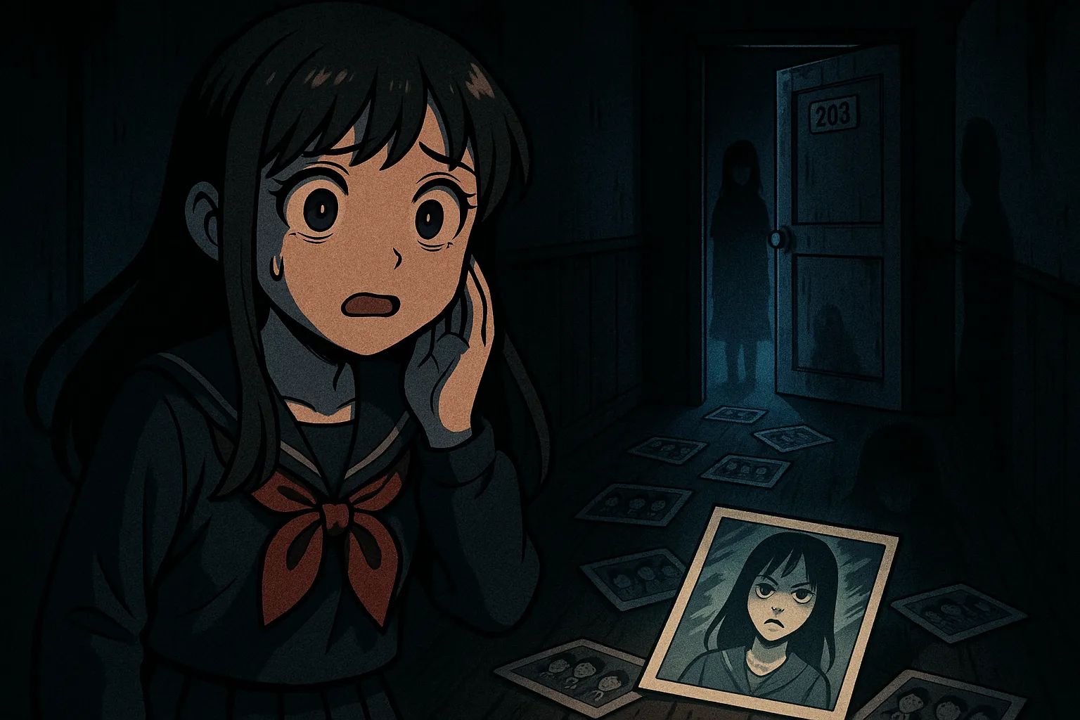 Japanese Ghost Story illustration "title: The 203 Dorm Room"