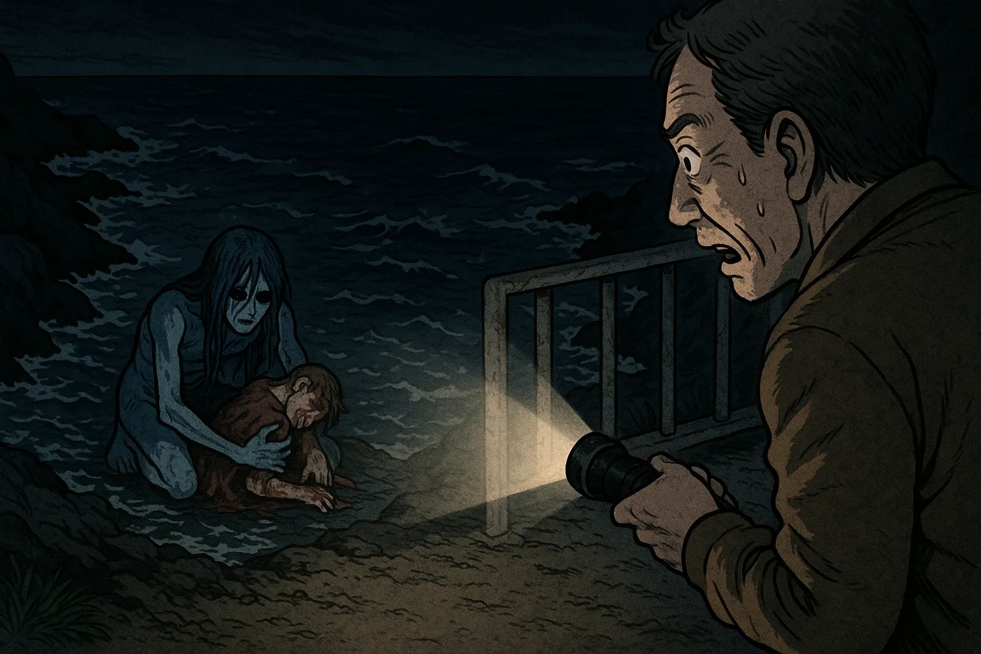 Japanese Ghost Story illustration "title: The Thing Beneath the Cliff"