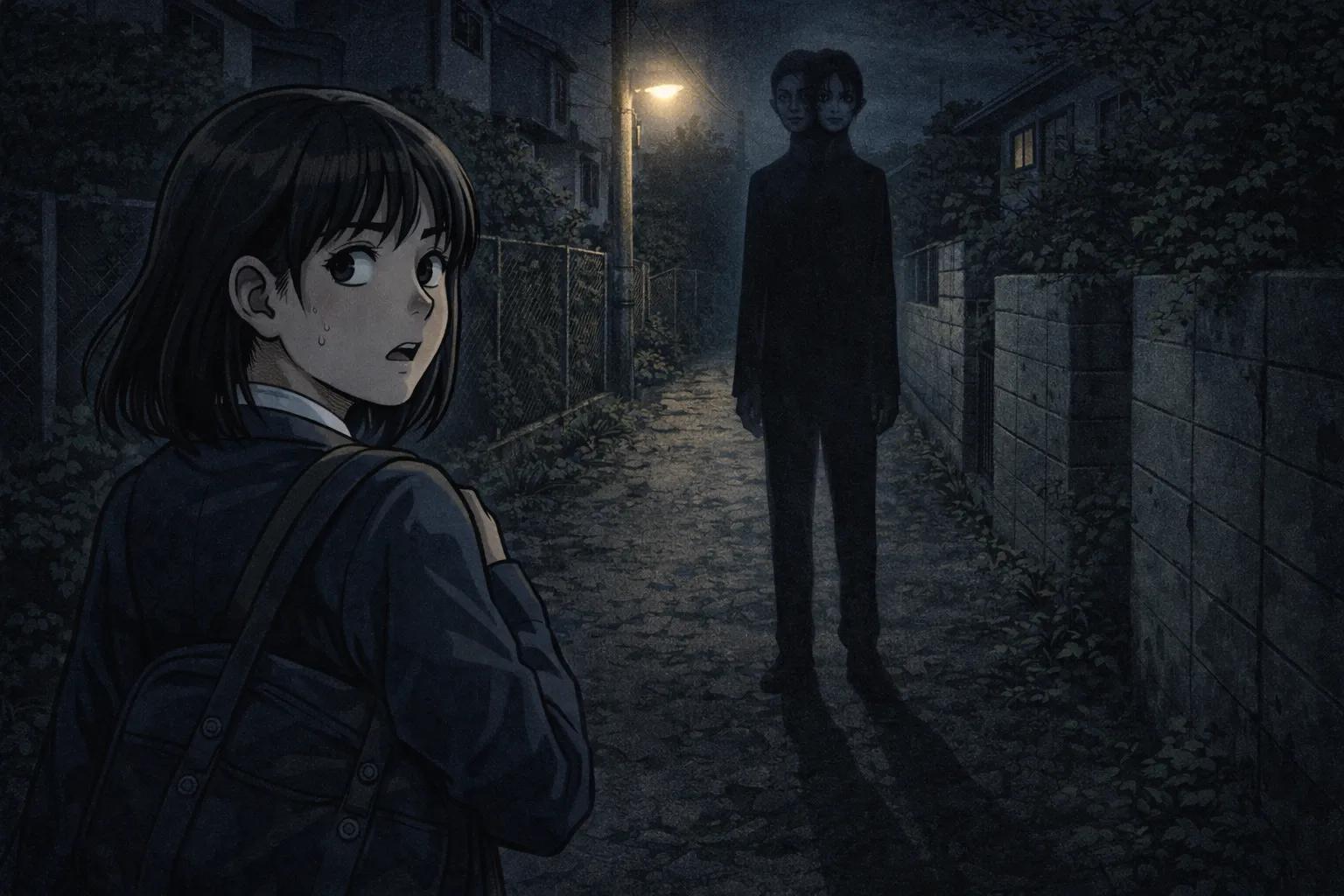 Japanese Ghost Story illustration "title: 小道に立つ人"