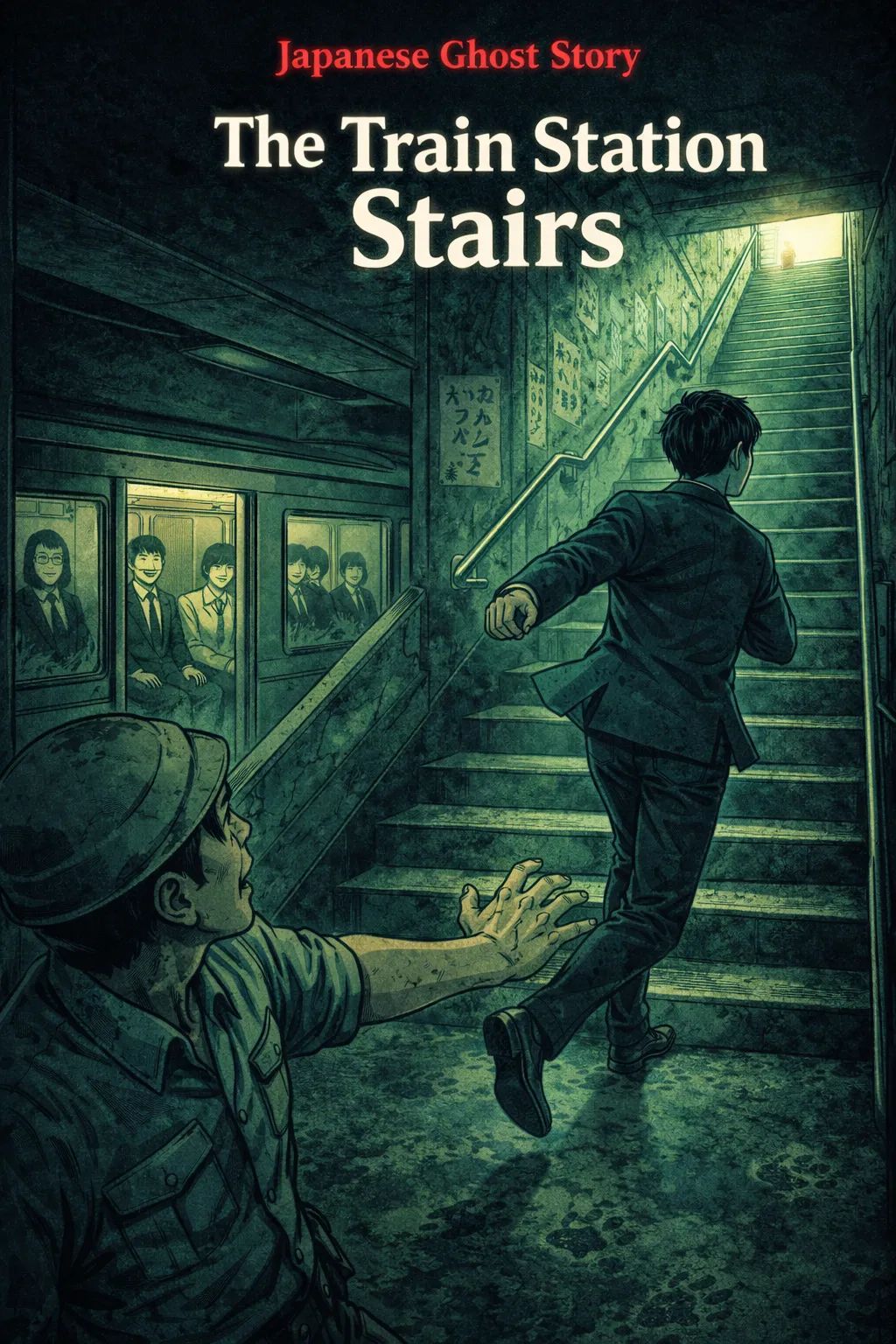 Japanese Ghost Story illustration "title: The Train Station Stairs"