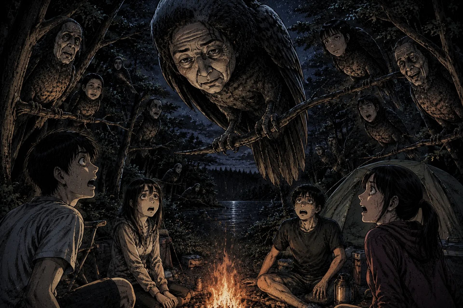 Japanese Ghost Story illustration "title: The Human-Faced Birds"