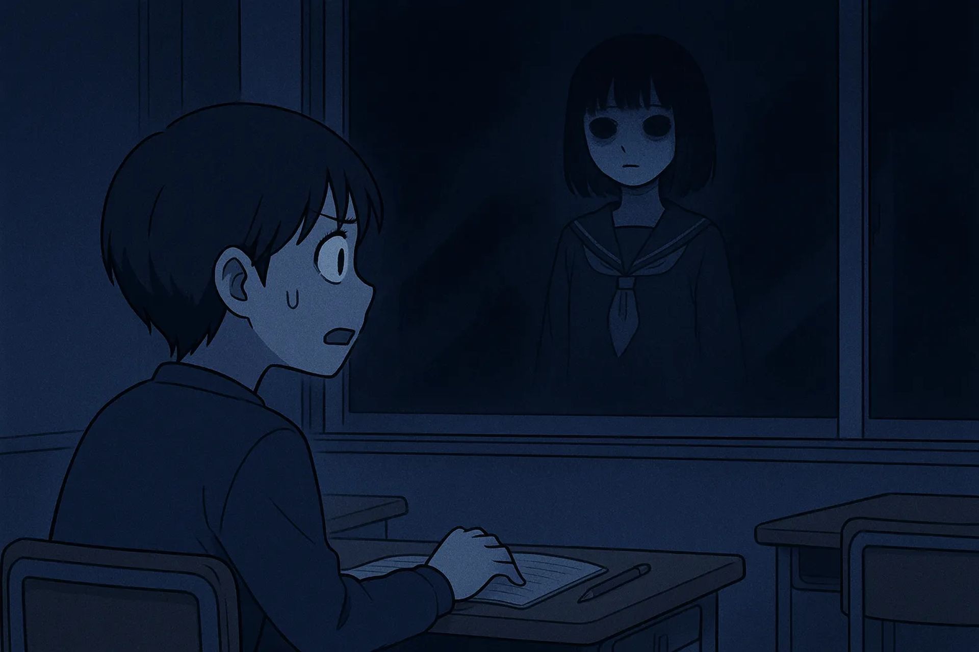 Japanese Ghost Story illustration "title: The Schoolgirl in the Window"