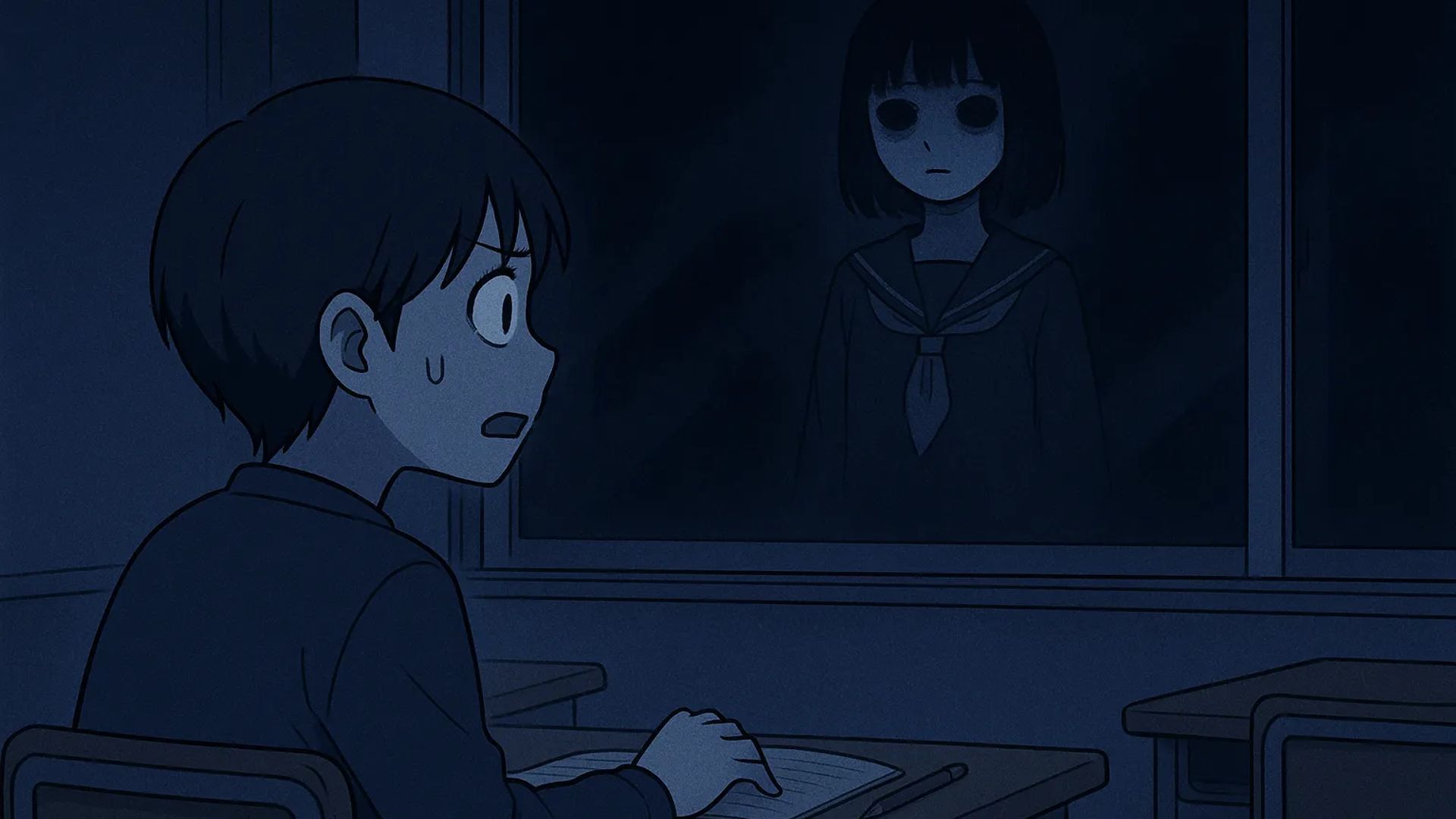 Japanese Ghost Story illustration "title: The Schoolgirl in the Window"