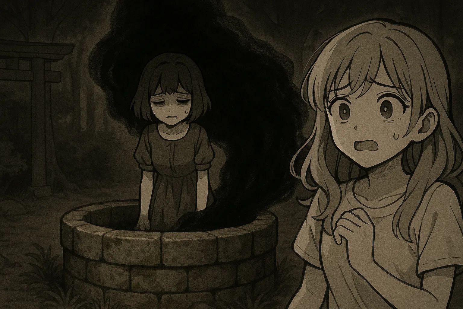 Japanese Ghost Story illustration "title: The Shadow Well"