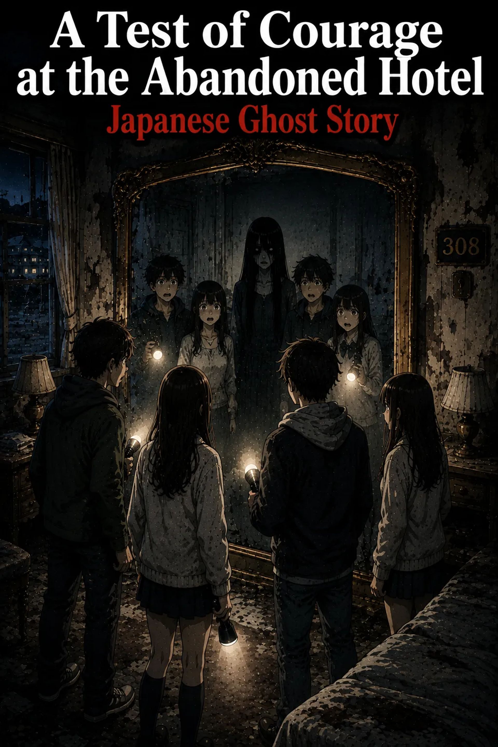 Japanese Ghost Story illustration "title: A Test of Courage at the Abandoned Hotel"