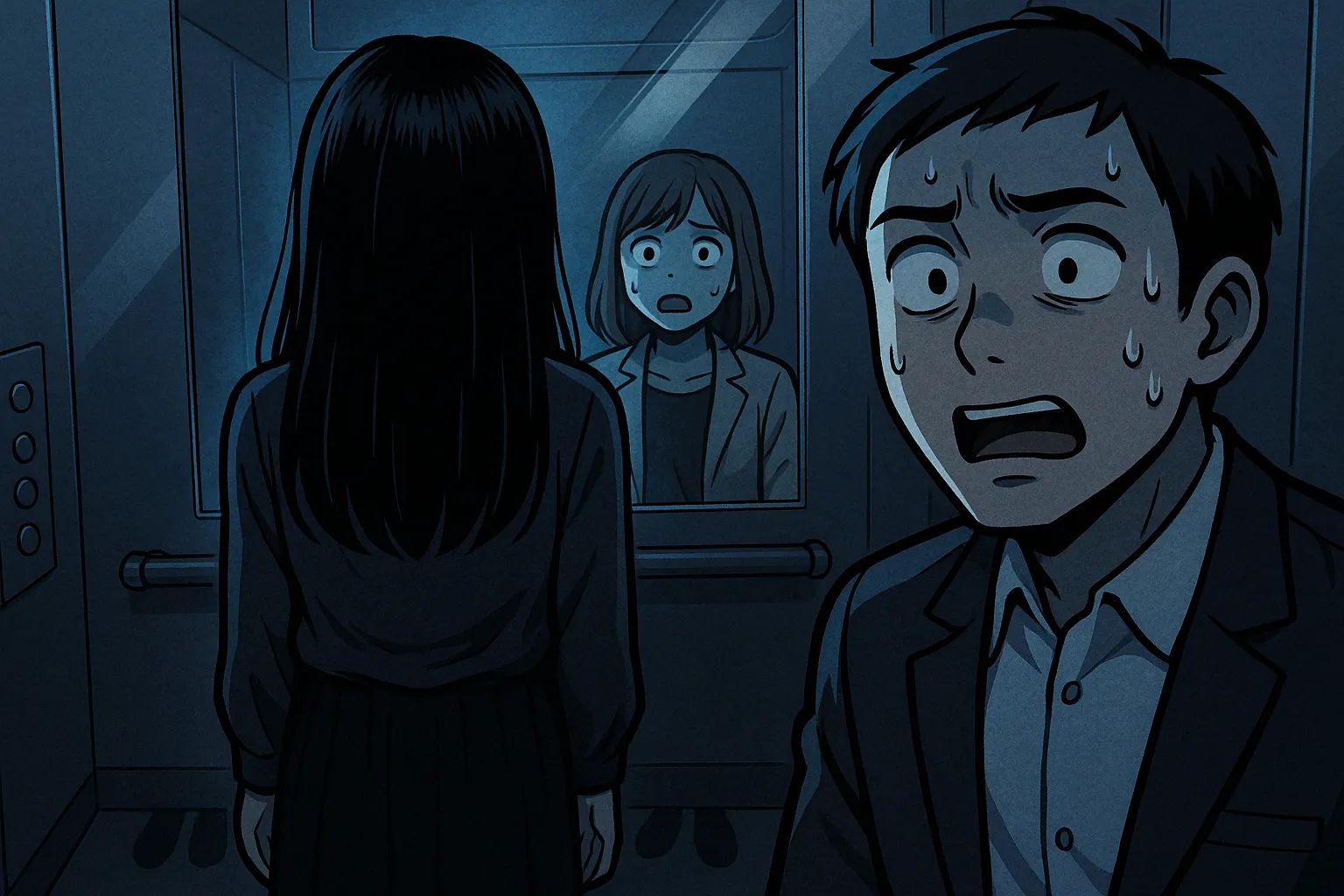 Japanese Ghost Story illustration "title: The Fourth Person in the Elevator"