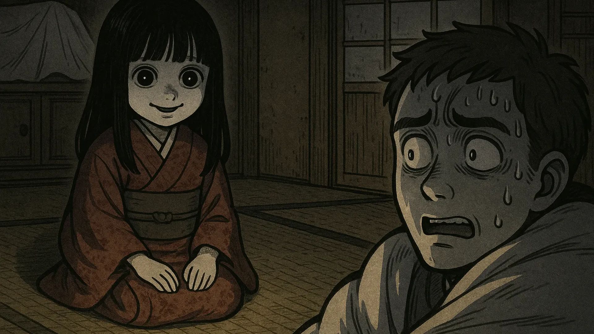 Japanese Ghost Story illustration "title: The Hollow-Eyed Dolls"