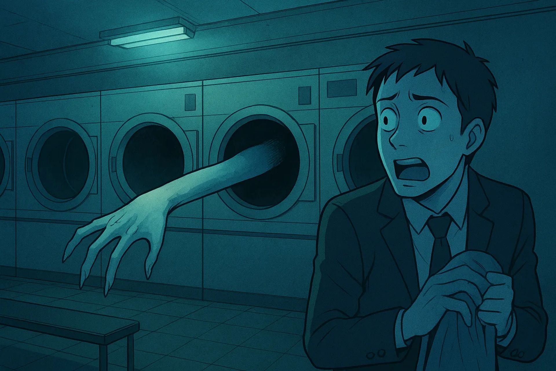 Japanese Ghost Story illustration "title: he Hand in the Laundromat"