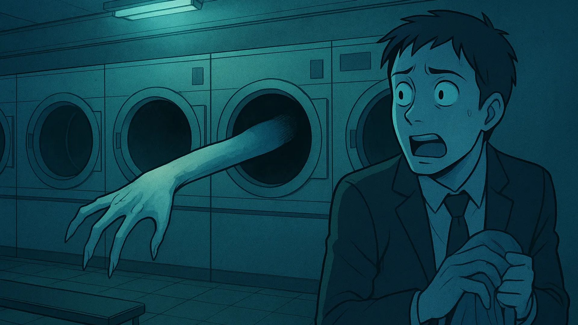 Japanese Ghost Story illustration "title: he Hand in the Laundromat"
