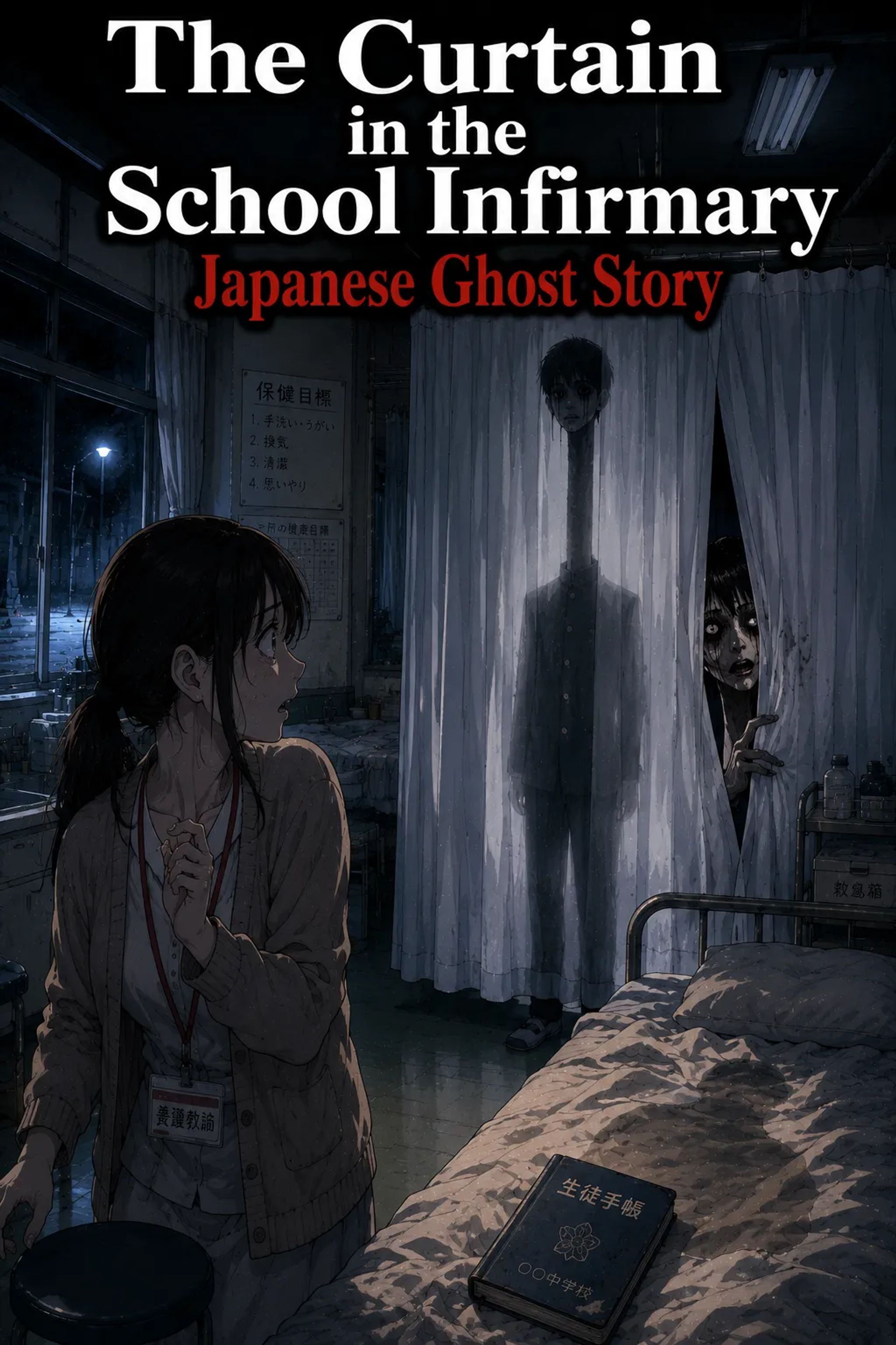 Japanese Ghost Story illustration "title: The Curtain in the School Infirmary"
