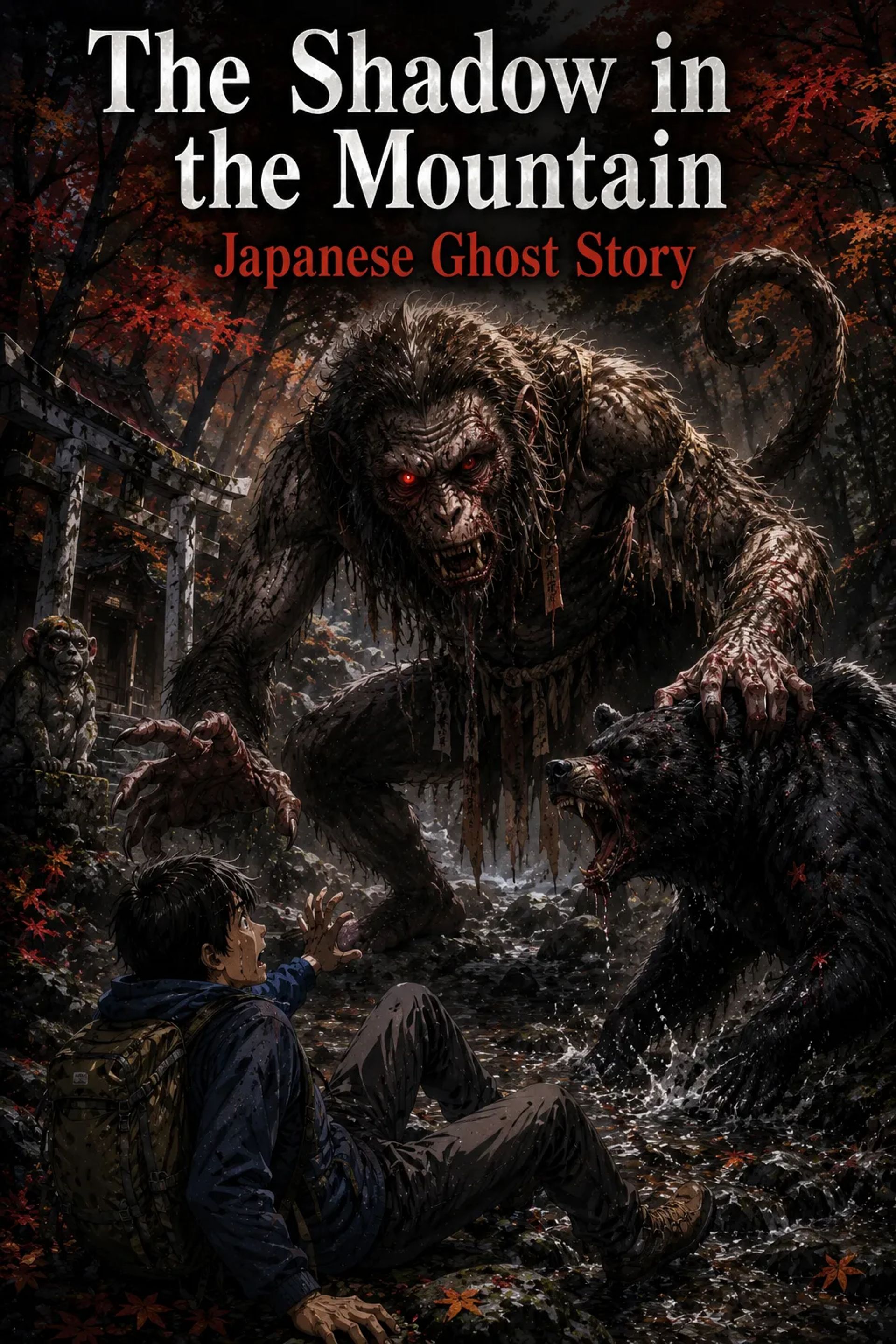 Japanese Ghost Story illustration "title: The Shadow in the Mountain"