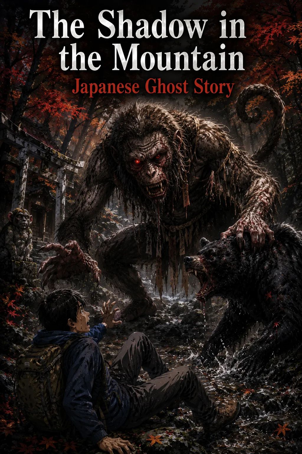 Japanese Ghost Story illustration "title: The Shadow in the Mountain"