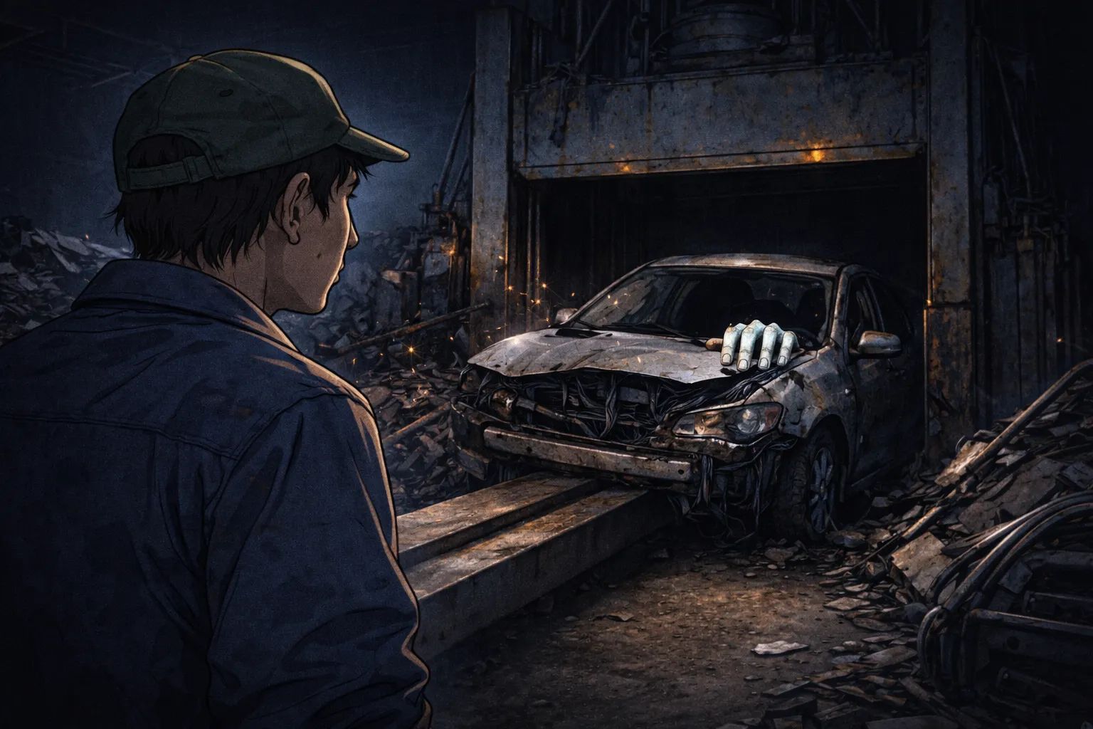 Japanese Ghost Story illustration "title: The Voice from the Scrap Yard"