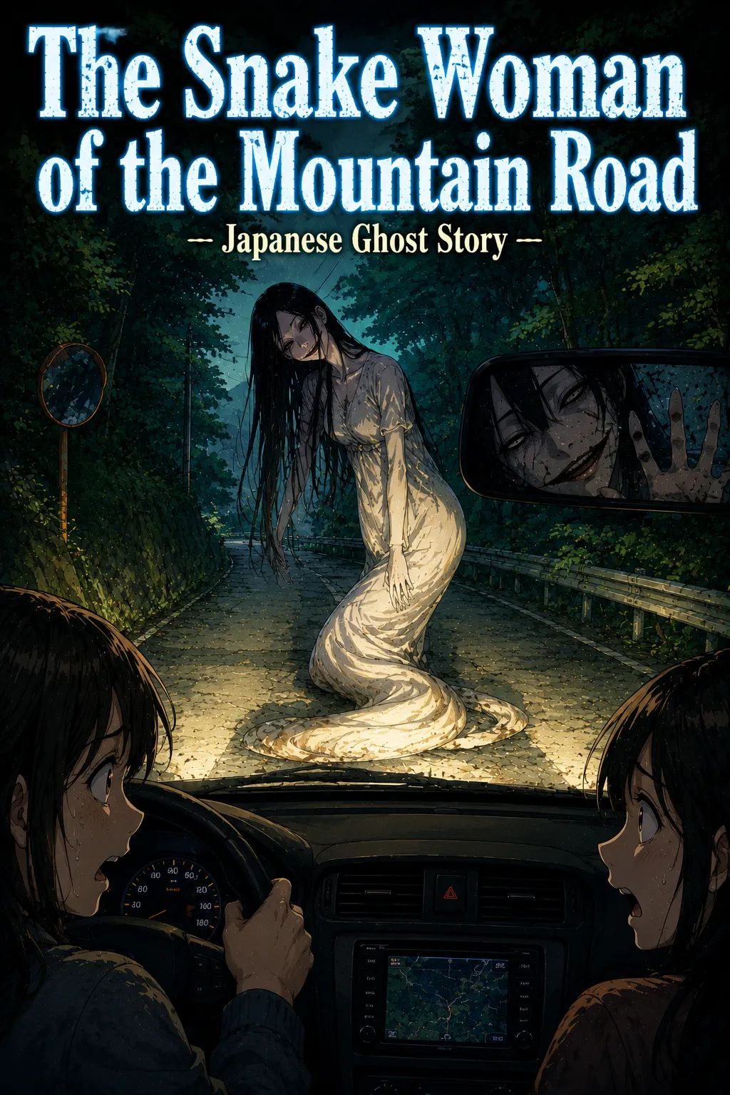 Japanese Ghost Story illustration "title: The Snake Woman of the Mountain Road"