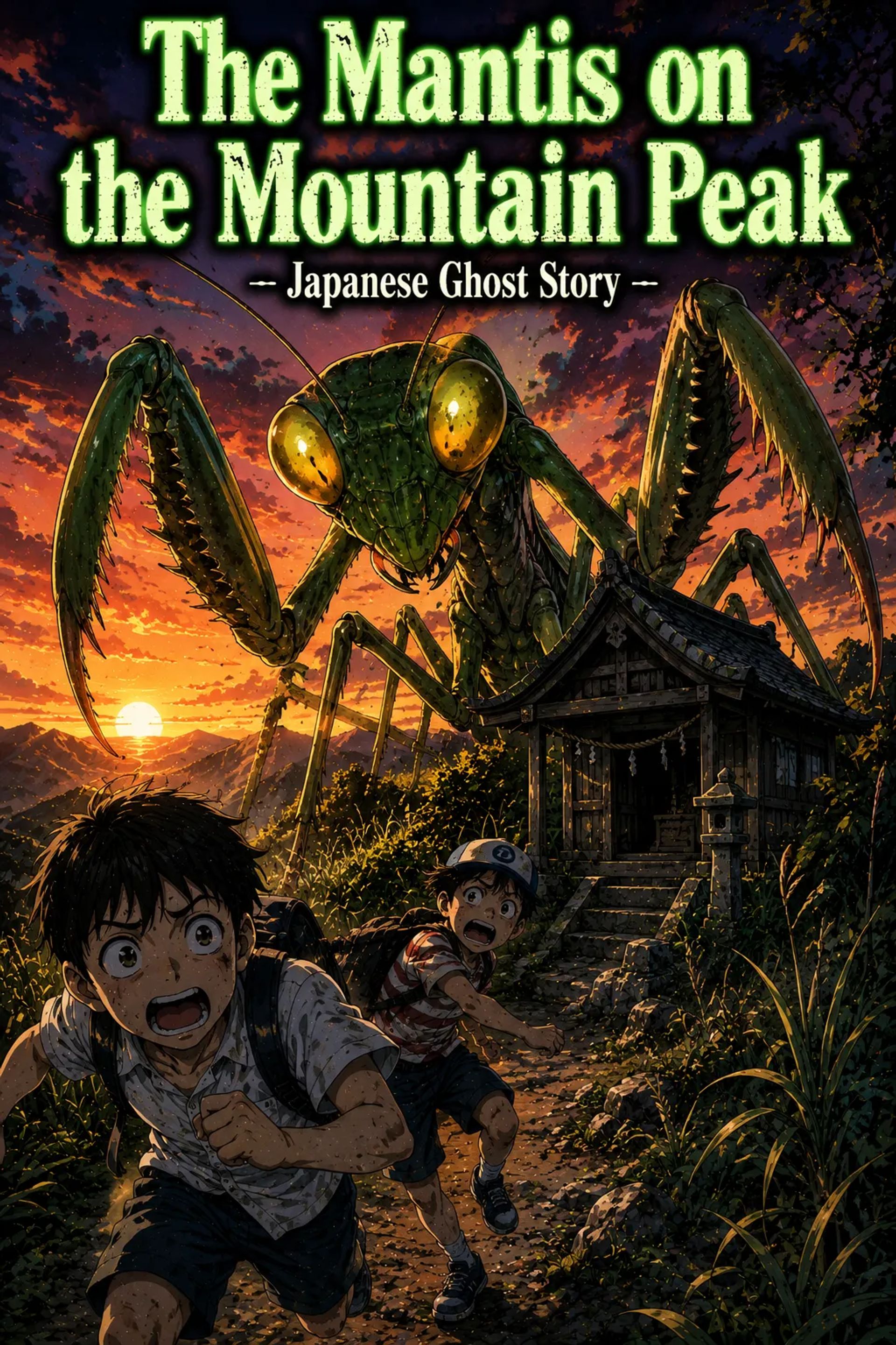 Japanese Ghost Story illustration "title: The Mantis on the Mountain Peak"