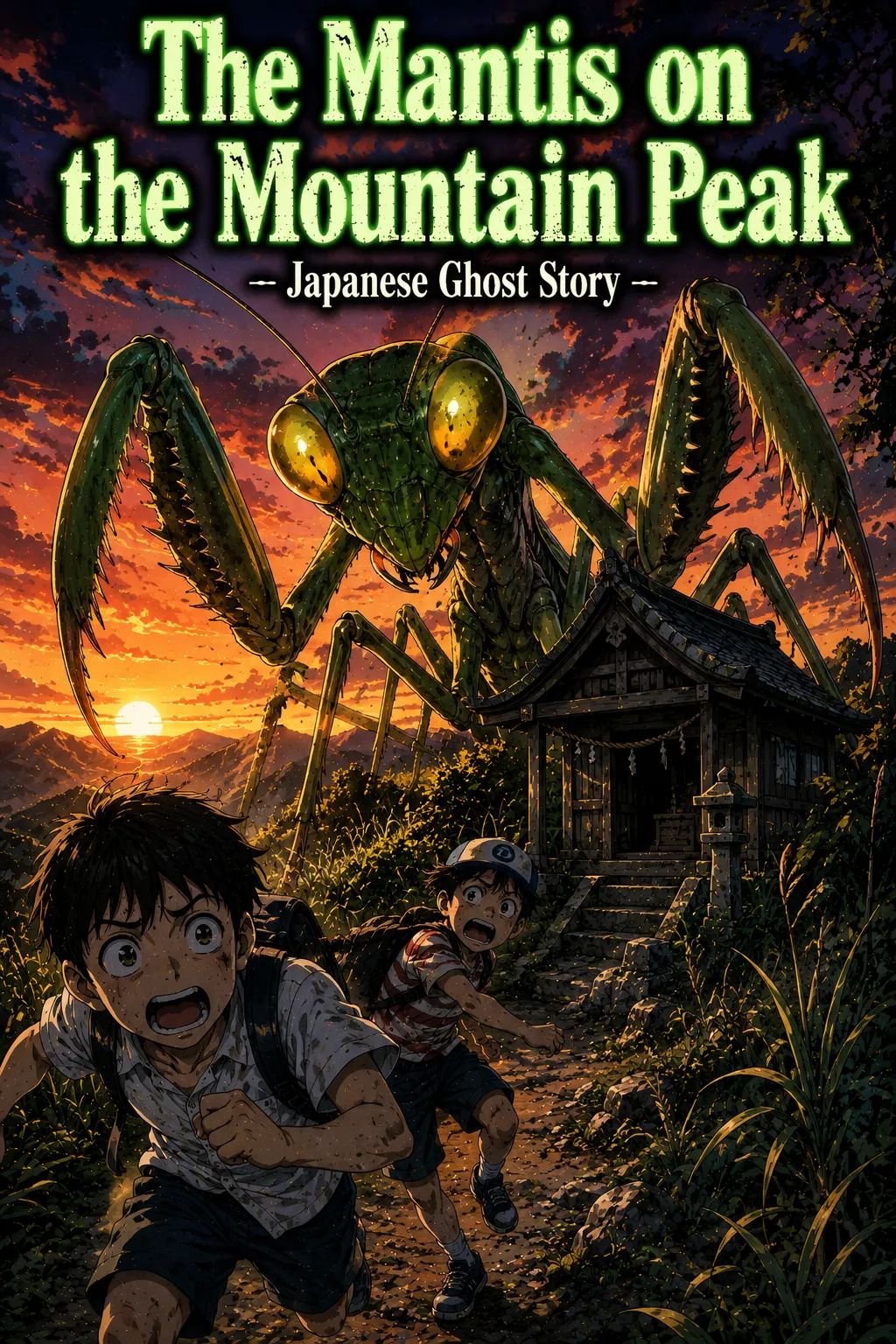 Japanese Ghost Story illustration "title: The Mantis on the Mountain Peak"