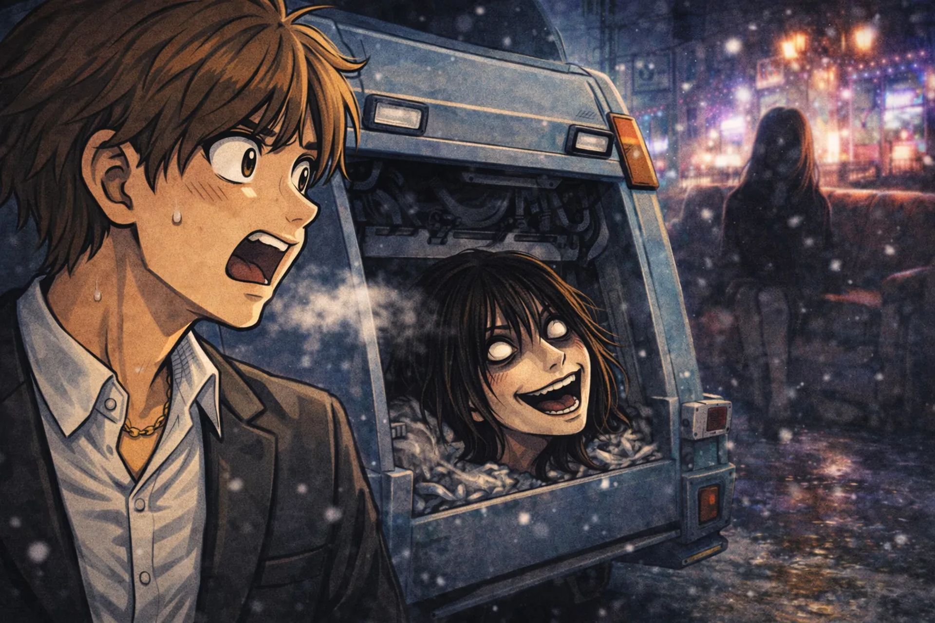 Japanese Ghost Story illustration "title: The Garbage Truck"