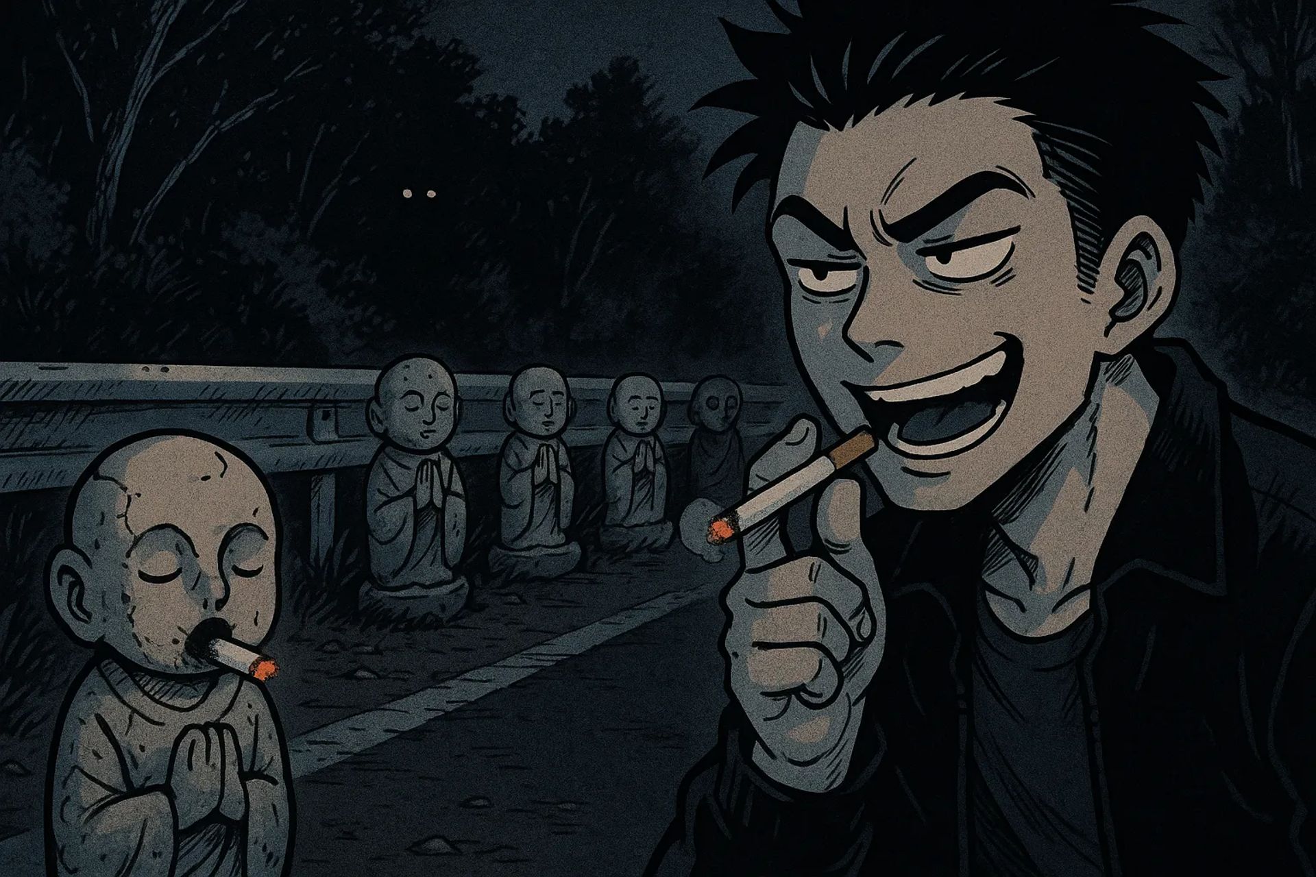 Japanese Ghost Story illustration "title: The Cigarette and the Jizo"