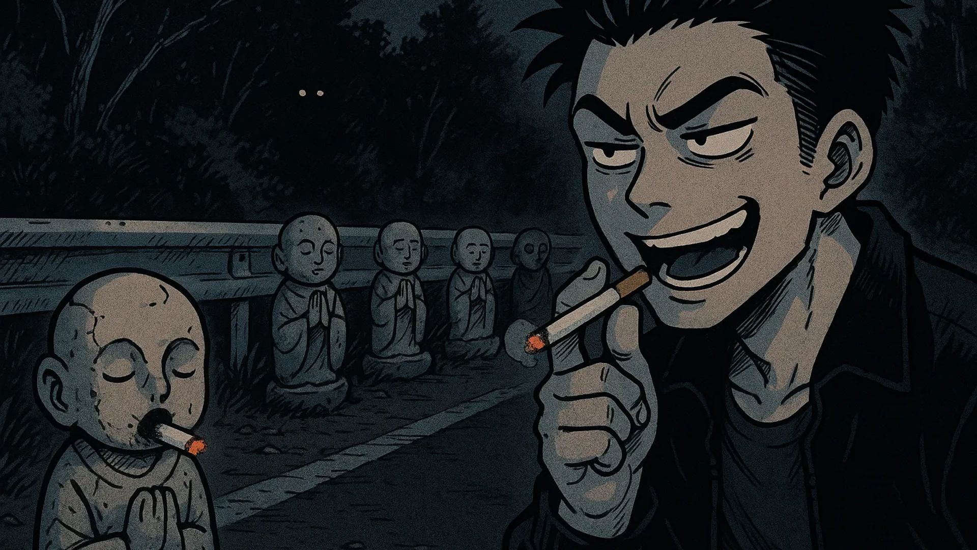 Japanese Ghost Story illustration "title: The Cigarette and the Jizo"