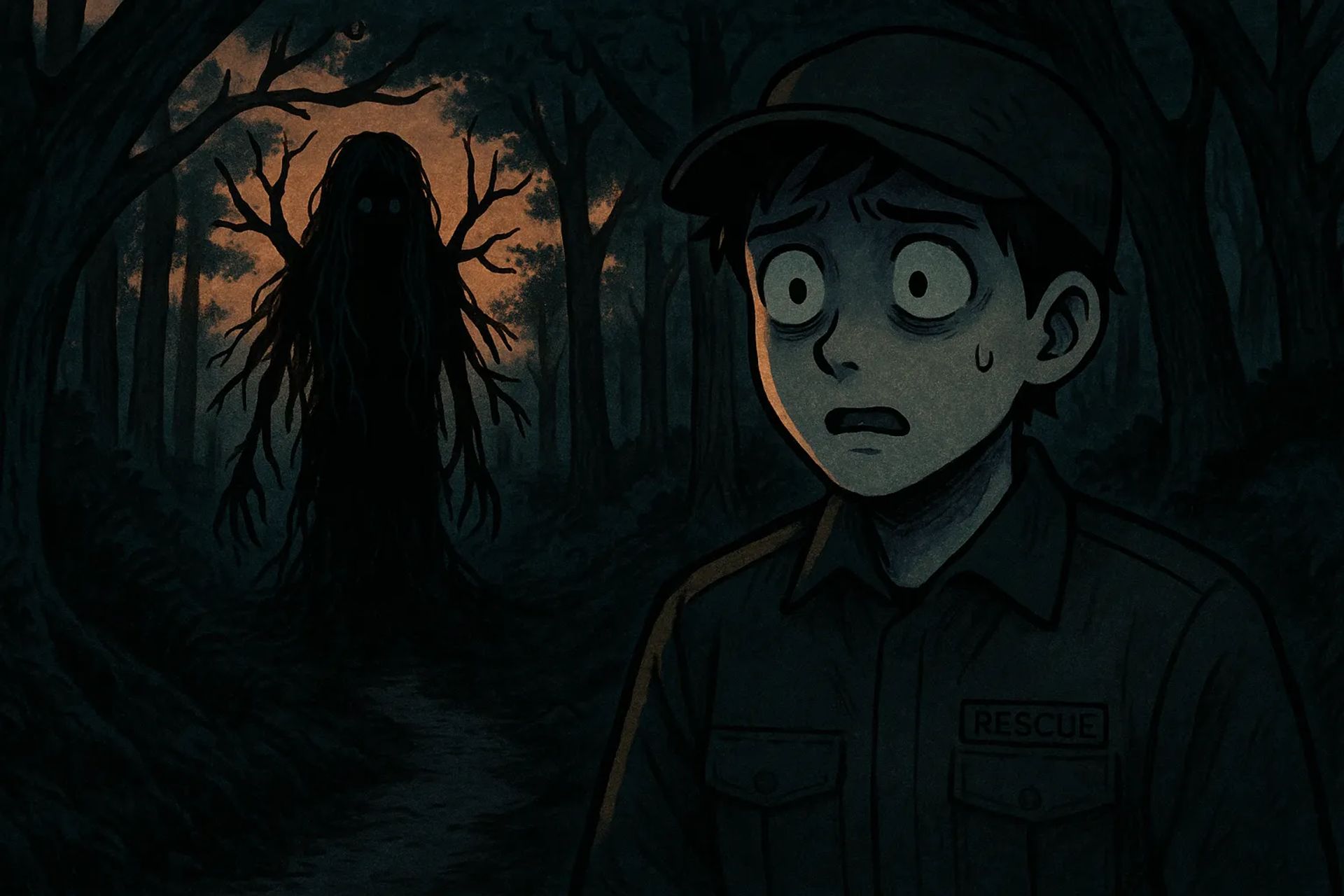 Japanese Ghost Story illustration "title: The Thing Lurking in the Sea of Trees"