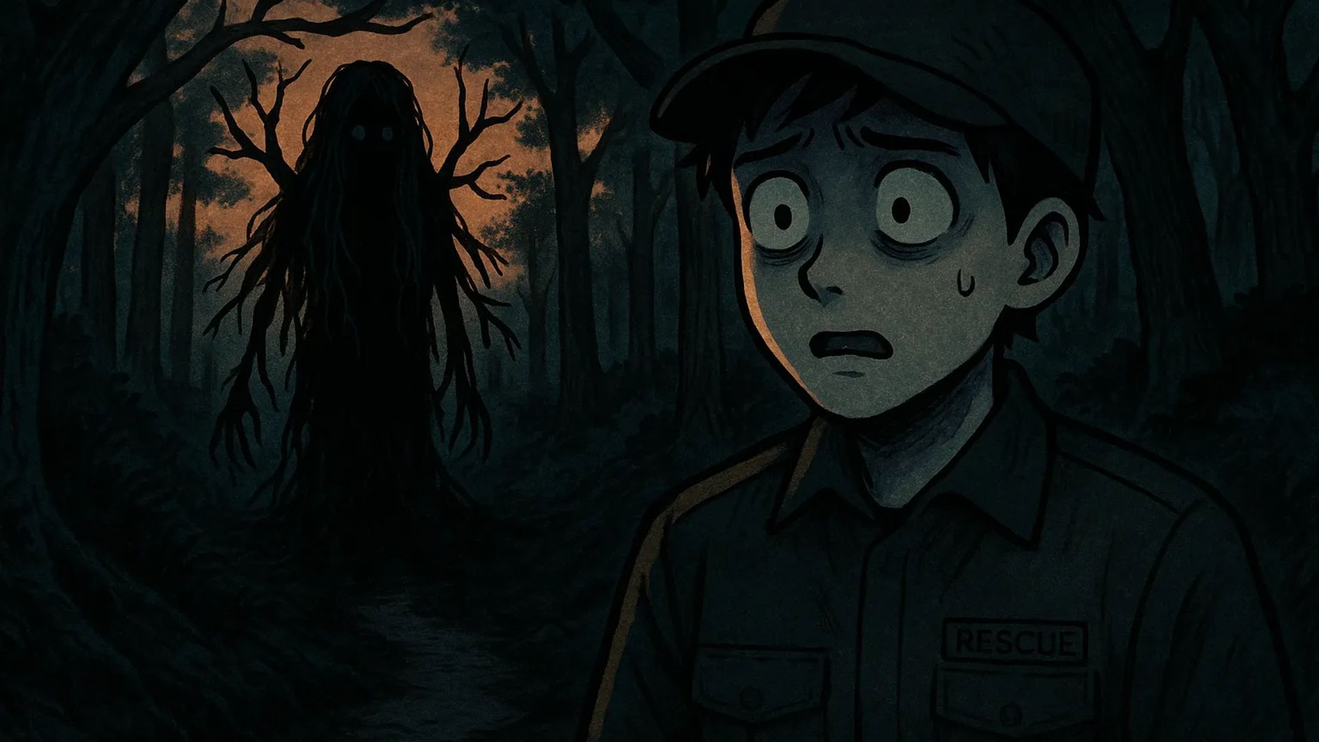 Japanese Ghost Story illustration "title: The Thing Lurking in the Sea of Trees"