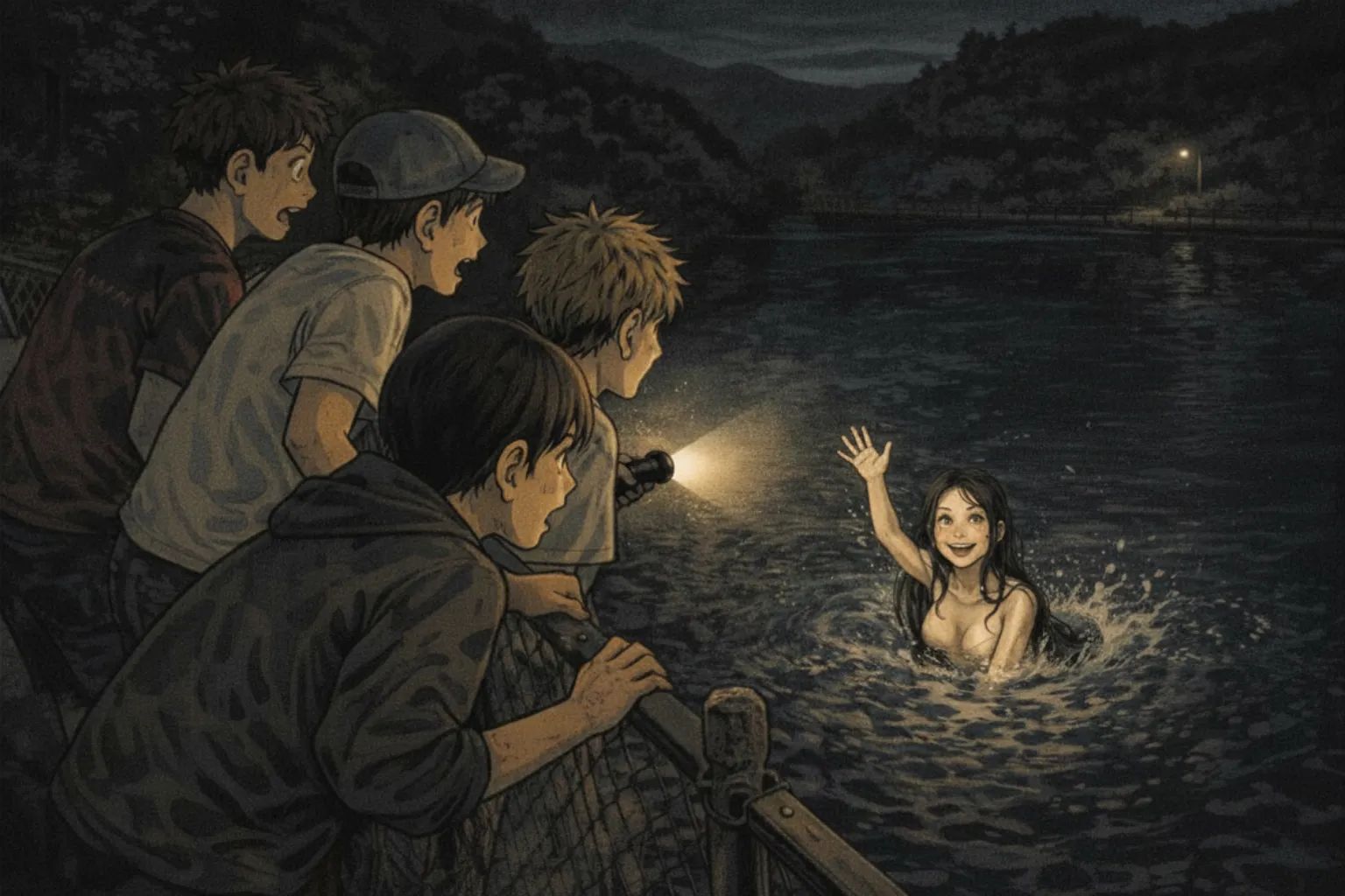 Japanese Ghost Story illustration "title: The Woman in the Reservoir"